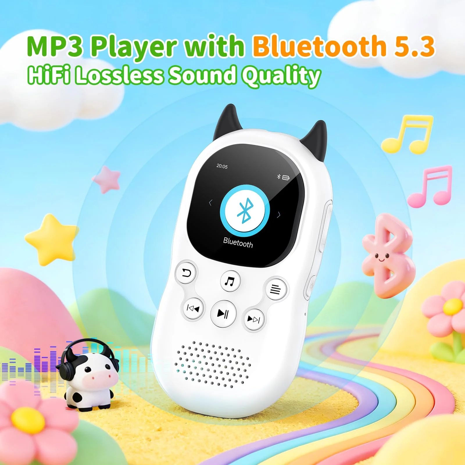 64GB mp3 Player for Kids with Bluetooth 5.3,Child Music Player with Speaker, FM Radio, Voice Recorder, Alarm Clock, Stopwatch, One Click to Play, Expandable up to 128GB,Cute Cow Shape, Free Lanyard Off-white - Image 3