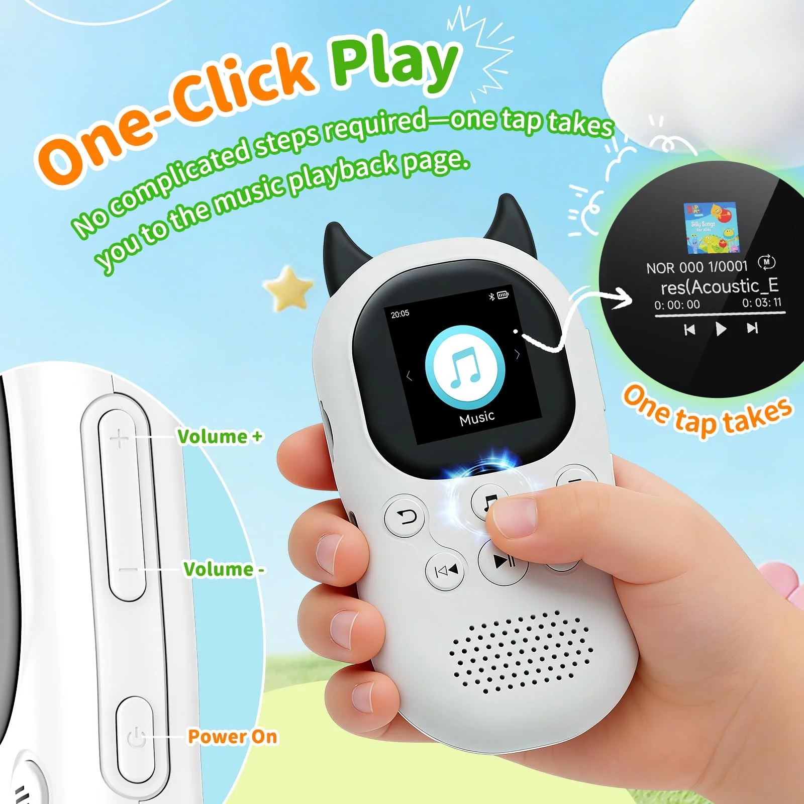 64GB mp3 Player for Kids with Bluetooth 5.3,Child Music Player with Speaker, FM Radio, Voice Recorder, Alarm Clock, Stopwatch, One Click to Play, Expandable up to 128GB,Cute Cow Shape, Free Lanyard Off-white - Image 4