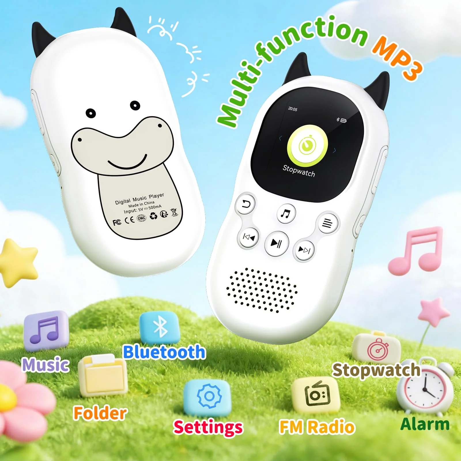 64GB mp3 Player for Kids with Bluetooth 5.3,Child Music Player with Speaker, FM Radio, Voice Recorder, Alarm Clock, Stopwatch, One Click to Play, Expandable up to 128GB,Cute Cow Shape, Free Lanyard Off-white - Image 5