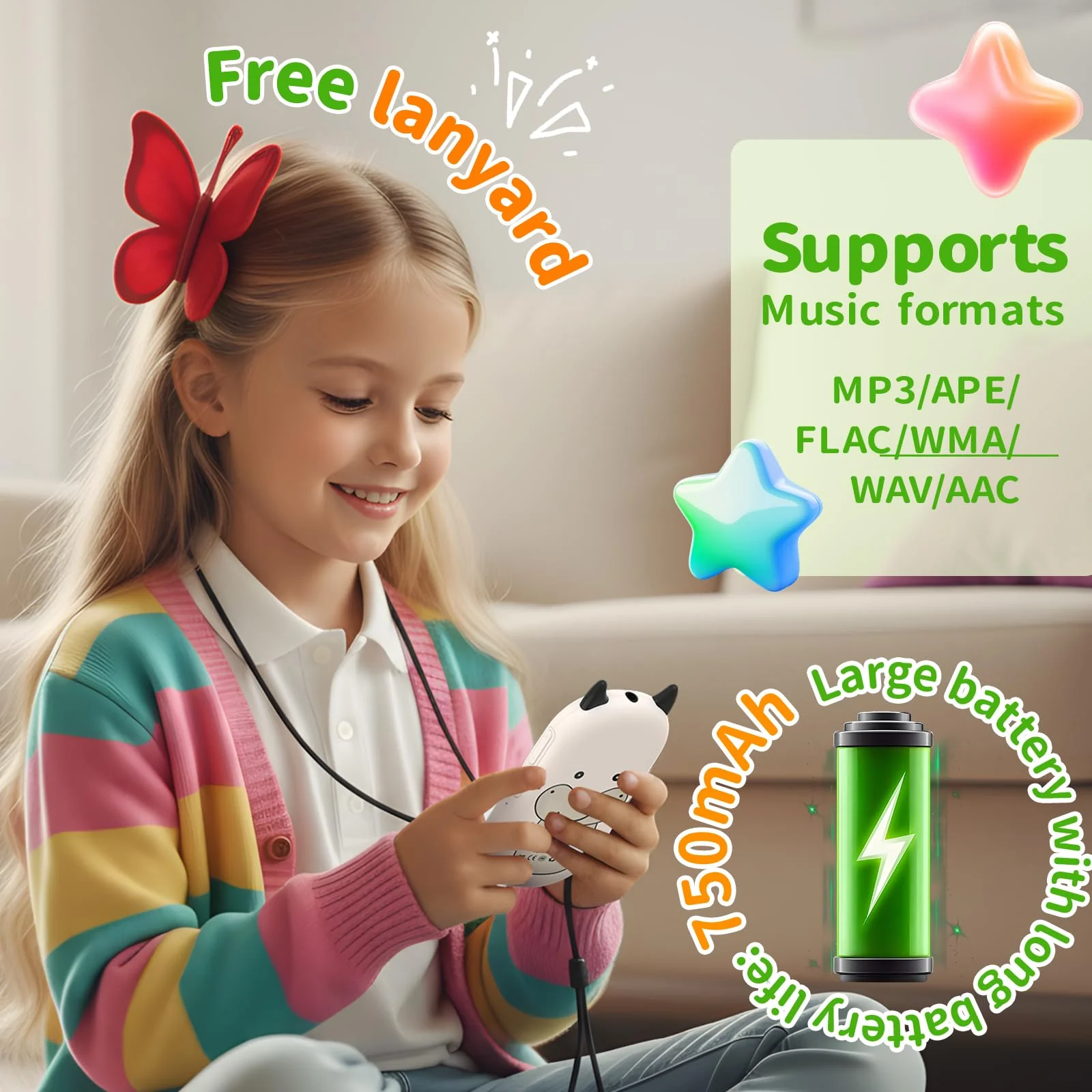 64GB mp3 Player for Kids with Bluetooth 5.3,Child Music Player with Speaker, FM Radio, Voice Recorder, Alarm Clock, Stopwatch, One Click to Play, Expandable up to 128GB,Cute Cow Shape, Free Lanyard Off-white - Image 7