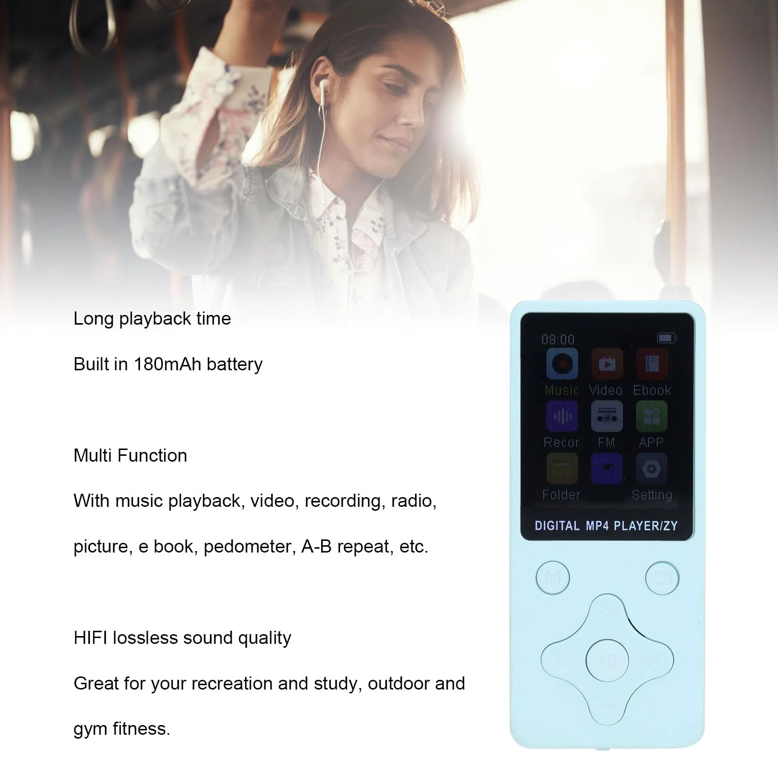 64GB MP3 Player, HiFi Lossless Sound Portable MP3 Player with 64GB Memory, 1.8 Inch LCD Screen Bluetooth Music Player with FM Radio E Book Voice Record Function (Blue) Blue - Image 3