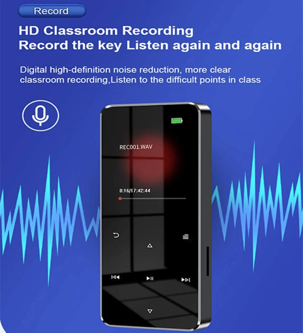 64GB MP3 Player with Bluetooth 5.0 2.0 inch Screen Touch Button Portable Hi-Fi Lossless Music Player Speaker with FM Radio Recorder Alarm Clock Pedometer Wired Headphone Support Card (Black) - Image 5