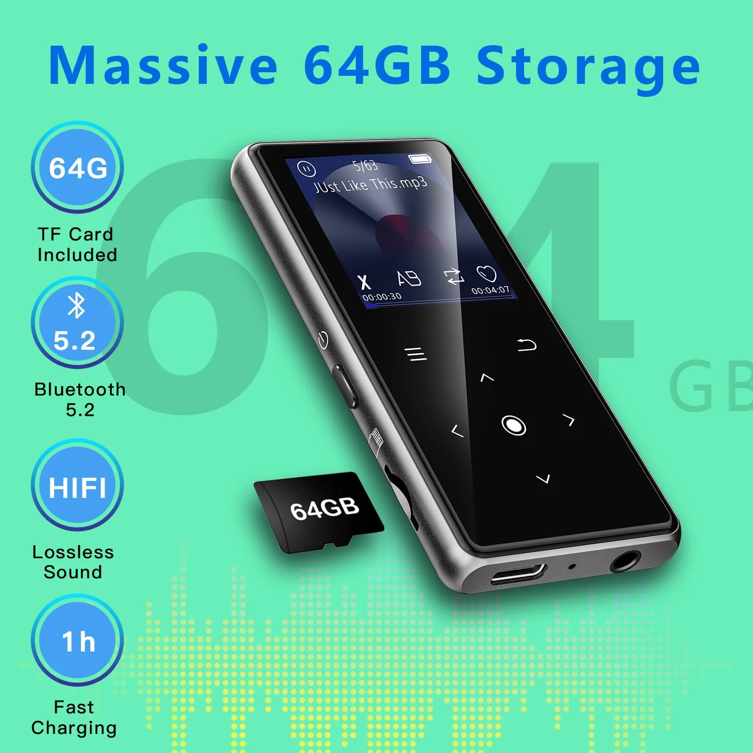 64GB MP3 Player with Bluetooth 5.2, AiMoonsa Music Player with Built-in HD Speaker, FM Radio, Voice Recorder, HiFi Sound, E-Book, Earphones Included Black - 64GB - Image 3