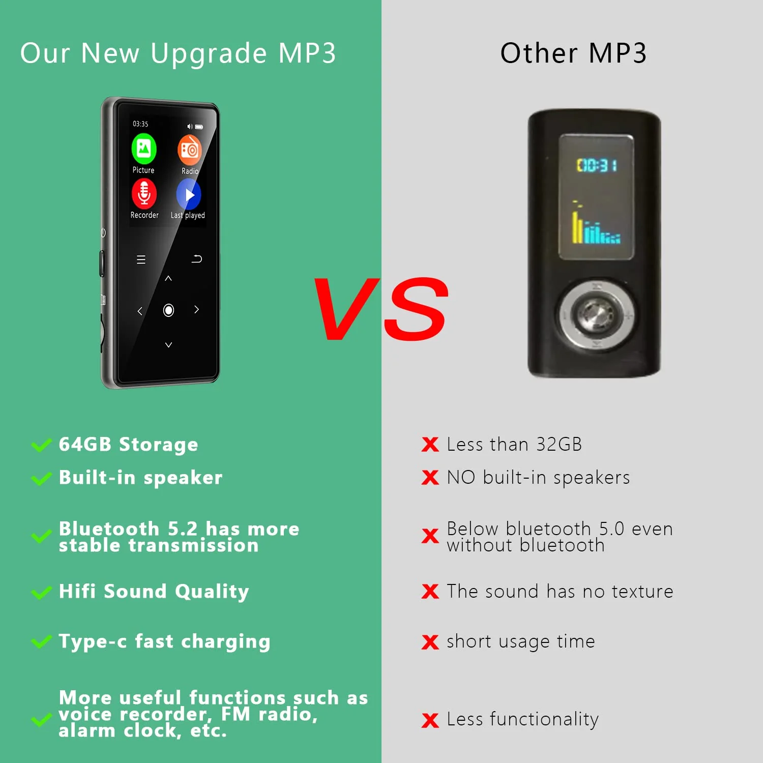64GB MP3 Player with Bluetooth 5.2, AiMoonsa Music Player with Built-in HD Speaker, FM Radio, Voice Recorder, HiFi Sound, E-Book, Earphones Included Black - 64GB - Image 6