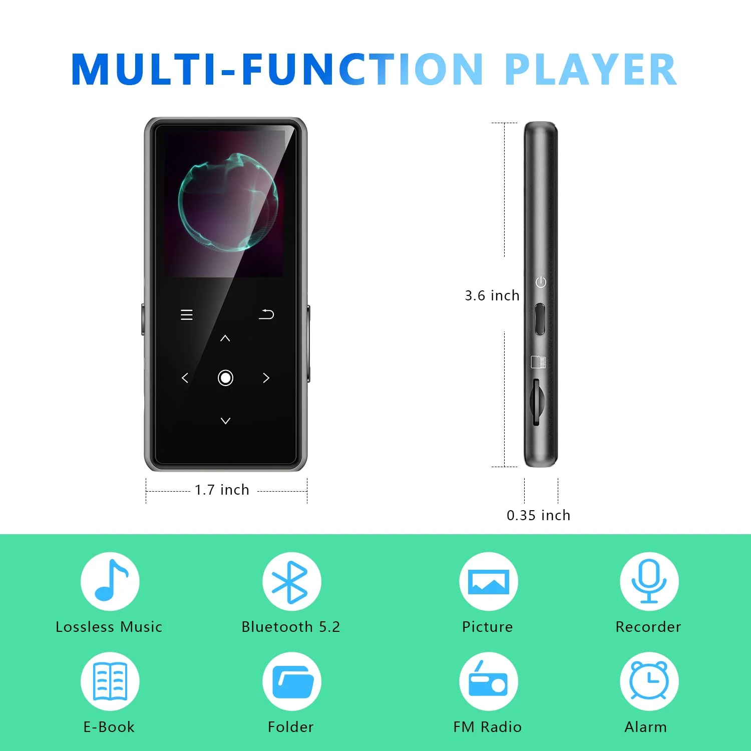 64GB MP3 Player with Bluetooth 5.2, AiMoonsa Music Player with Built-in HD Speaker, FM Radio, Voice Recorder, HiFi Sound, E-Book, Earphones Included Black - 64GB - Image 7