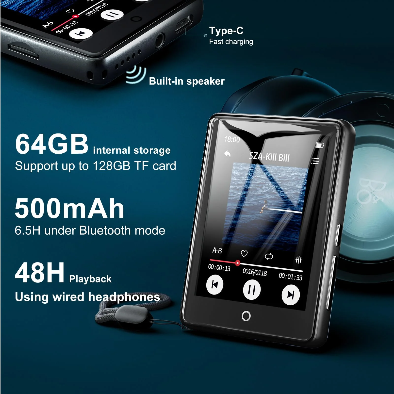 64GB MP3 Player with Bluetooth 5.3, 2.8-inch Touchscreen, Speaker, 18 Soothing Sounds Built-in, Shuffle Repeat Portable Music Player with FM Radio, Voice Recorder, Support 128GB Micro SD Card Black - Image 3