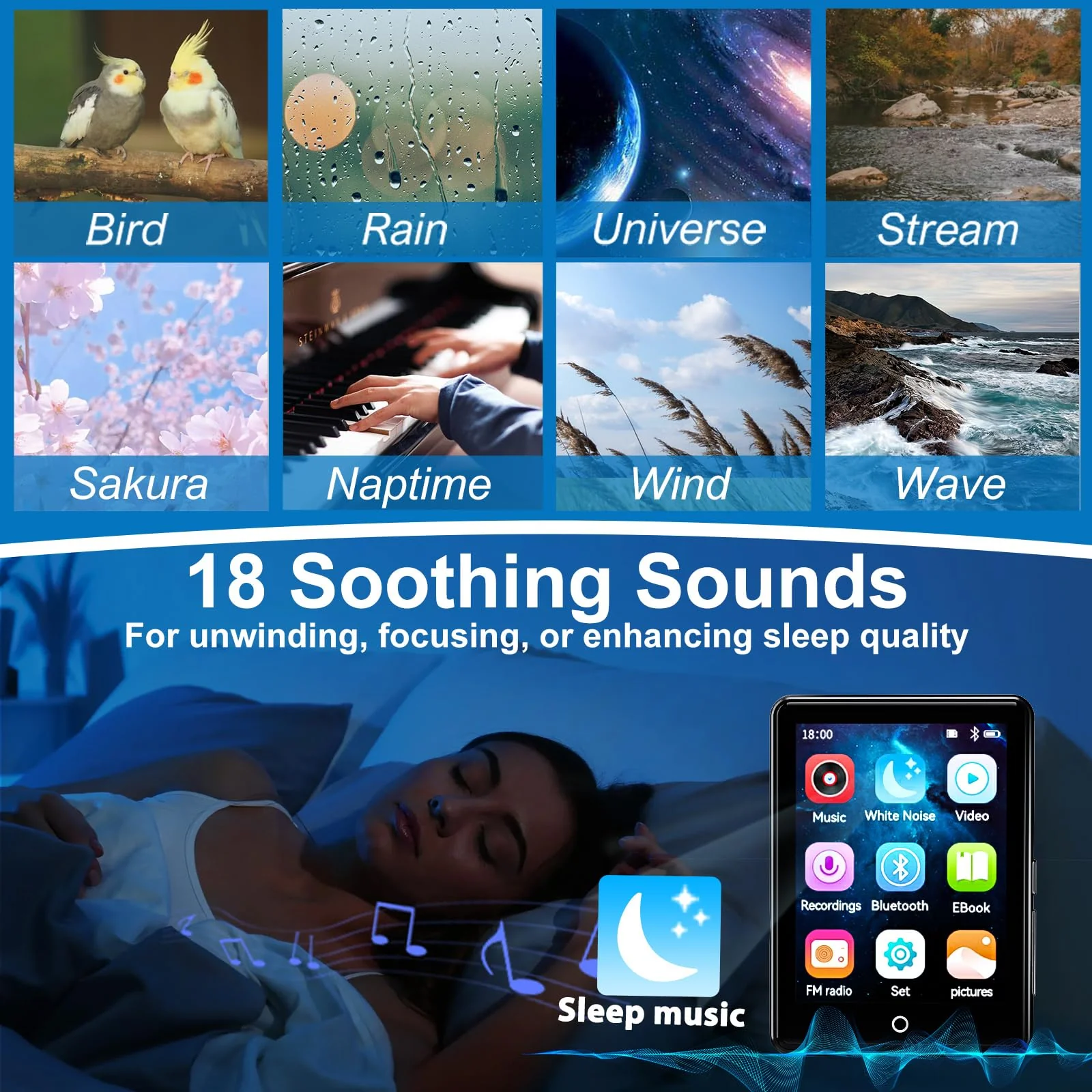 64GB MP3 Player with Bluetooth 5.3, 2.8-inch Touchscreen, Speaker, 18 Soothing Sounds Built-in, Shuffle Repeat Portable Music Player with FM Radio, Voice Recorder, Support 128GB Micro SD Card Black - Image 6