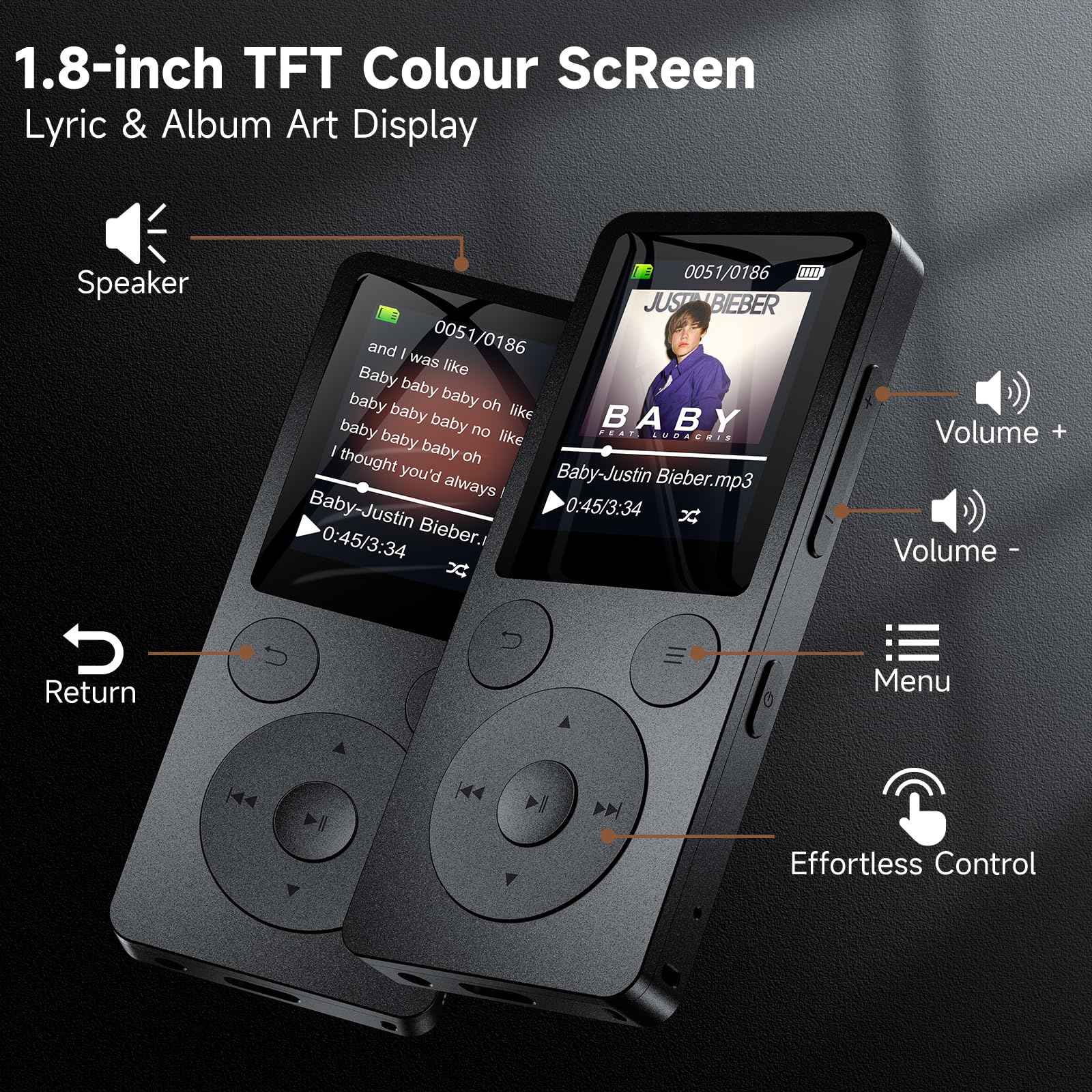 64GB MP3 Player with Bluetooth 5.3 Auto Reconnect, MP3 Music Player with Speaker, 1.8" Screen & Physical Buttons, Voice Recorder, FM Radio, 40H Battery Life, No WiFi, Support 128GB microSD Card Black - Image 2