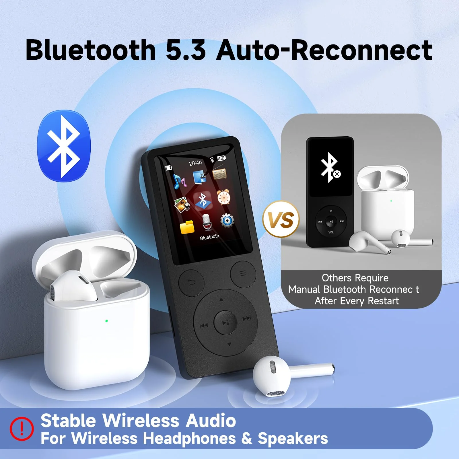64GB MP3 Player with Bluetooth 5.3 Auto Reconnect, MP3 Music Player with Speaker, 1.8" Screen & Physical Buttons, Voice Recorder, FM Radio, 40H Battery Life, No WiFi, Support 128GB microSD Card Black - Image 3