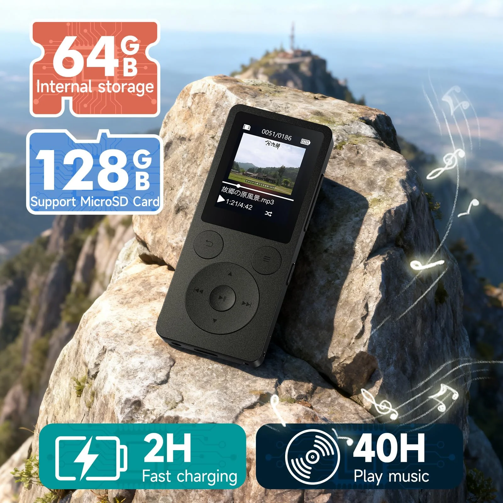 64GB MP3 Player with Bluetooth 5.3 Auto Reconnect, MP3 Music Player with Speaker, 1.8" Screen & Physical Buttons, Voice Recorder, FM Radio, 40H Battery Life, No WiFi, Support 128GB microSD Card Black - Image 4