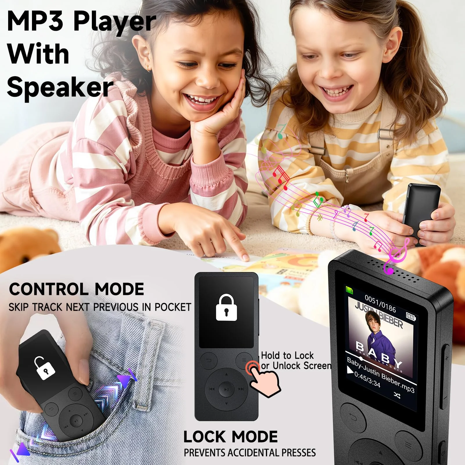 64GB MP3 Player with Bluetooth 5.3 Auto Reconnect, MP3 Music Player with Speaker, 1.8" Screen & Physical Buttons, Voice Recorder, FM Radio, 40H Battery Life, No WiFi, Support 128GB microSD Card Black - Image 5