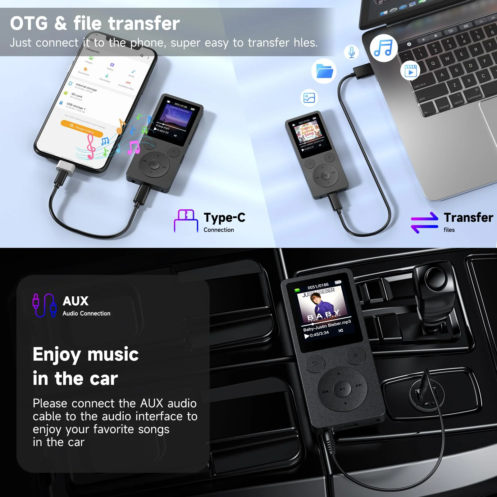 64GB MP3 Player with Bluetooth 5.3 Auto Reconnect, MP3 Music Player with Speaker, 1.8" Screen & Physical Buttons, Voice Recorder, FM Radio, 40H Battery Life, No WiFi, Support 128GB microSD Card Black - Image 7