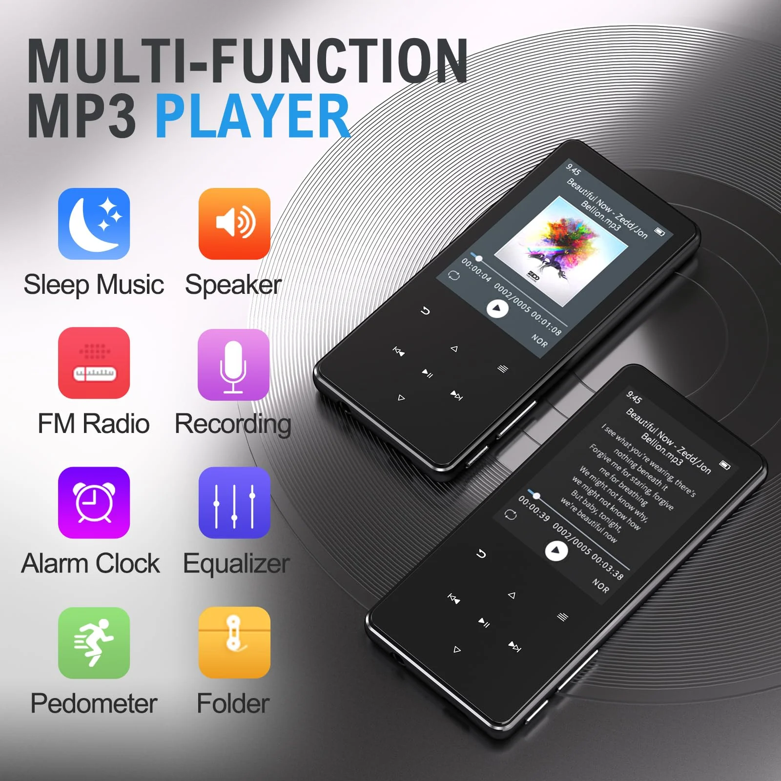 64GB MP3 Player with Bluetooth 5.3, Built-in White Noise Sounds, 2.4-inch Screen, Metal Body, Portable Music Player with Speaker, FM Radio, Voice Recorder, Shuffle, Support 128GB Micro SD Card Black - Image 3