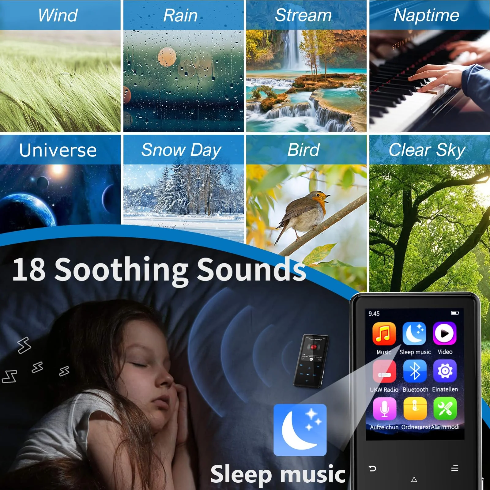 64GB MP3 Player with Bluetooth 5.3, Built-in White Noise Sounds, 2.4-inch Screen, Metal Body, Portable Music Player with Speaker, FM Radio, Voice Recorder, Shuffle, Support 128GB Micro SD Card Black - Image 4