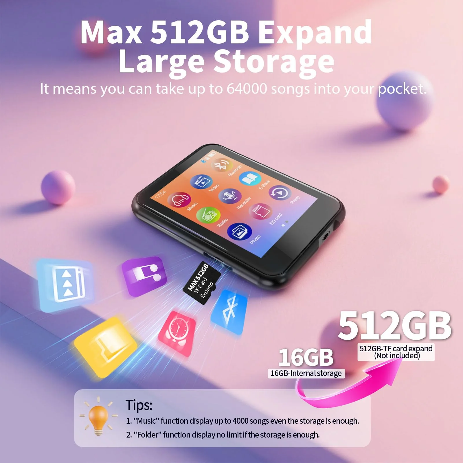 64GB MP3 Player with Bluetooth 5.3, QNGEE 2.4 inch Full Touchscreen Music MP3 for Kids, FM Radio, Voice Recorder, HiFi Sound, E-Book, Earphones Included Black & Orange Case 64GB - Image 6