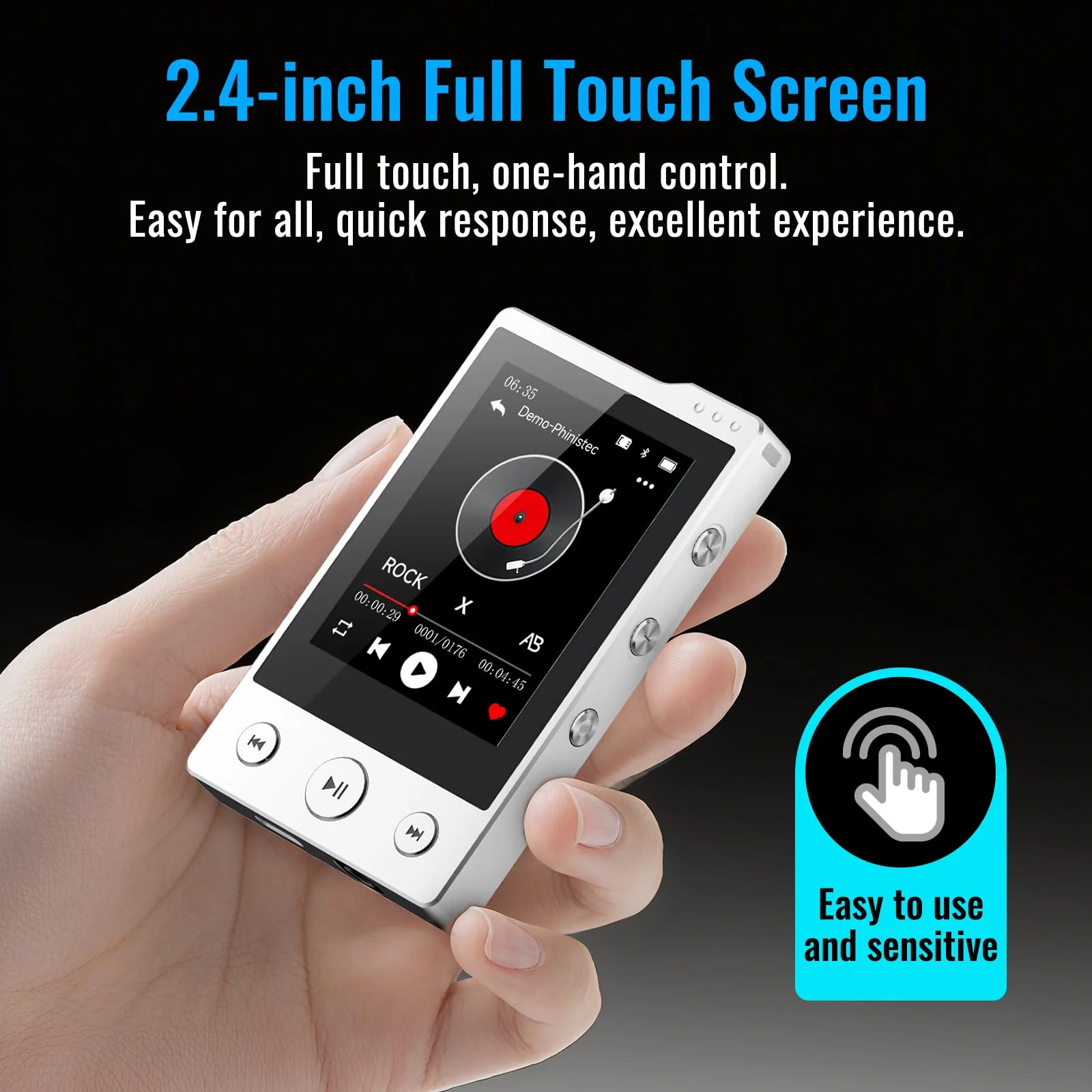 64GB MP3 Player with Sturdy Build & Durable,Aluminum Alloy,Phinistec Portable Mini Bluetooth Music Player with FM Radios,50 Hours Long Battery Life,2.4" Touchscreen,Up to 256GB - Image 2