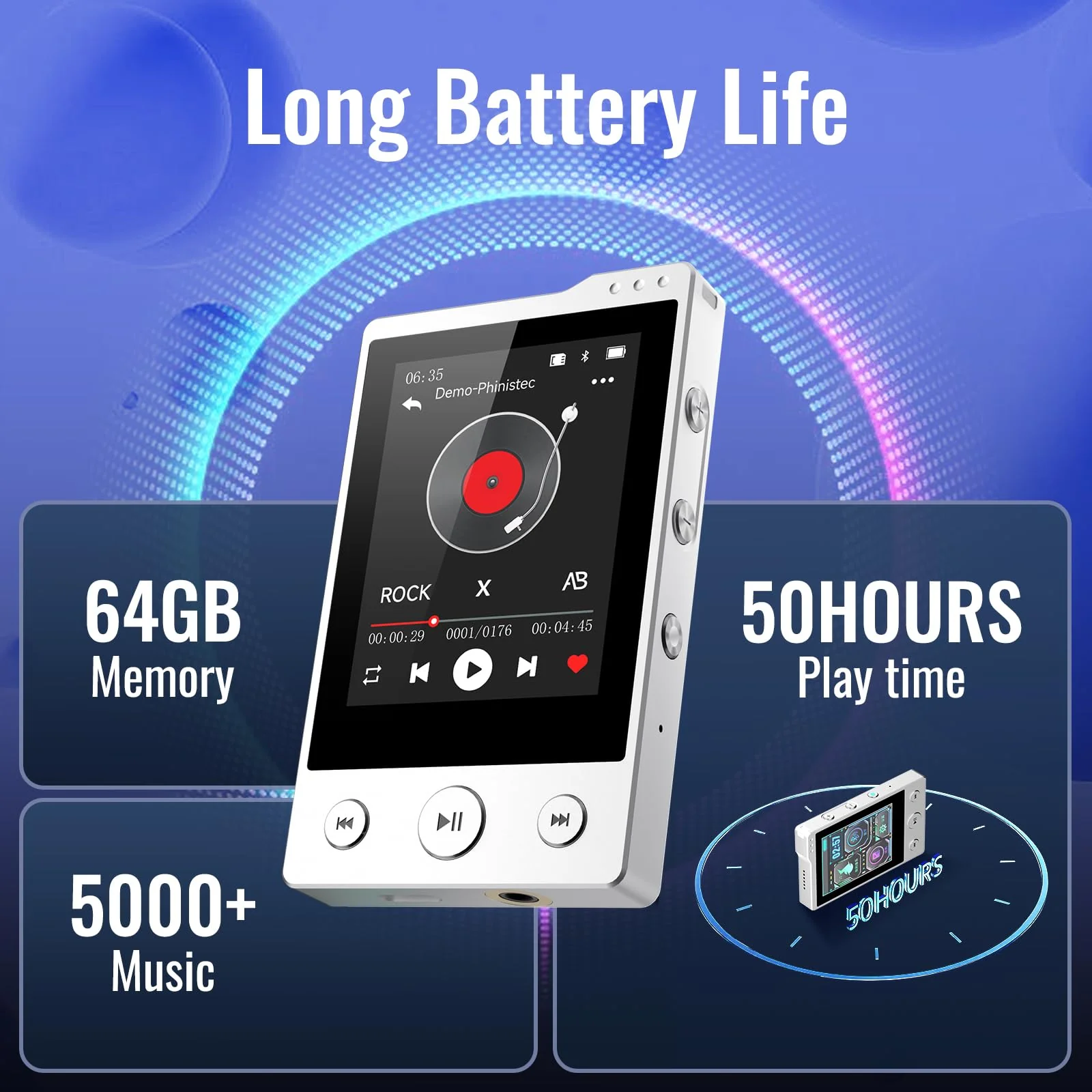 64GB MP3 Player with Sturdy Build & Durable,Aluminum Alloy,Phinistec Portable Mini Bluetooth Music Player with FM Radios,50 Hours Long Battery Life,2.4" Touchscreen,Up to 256GB - Image 6