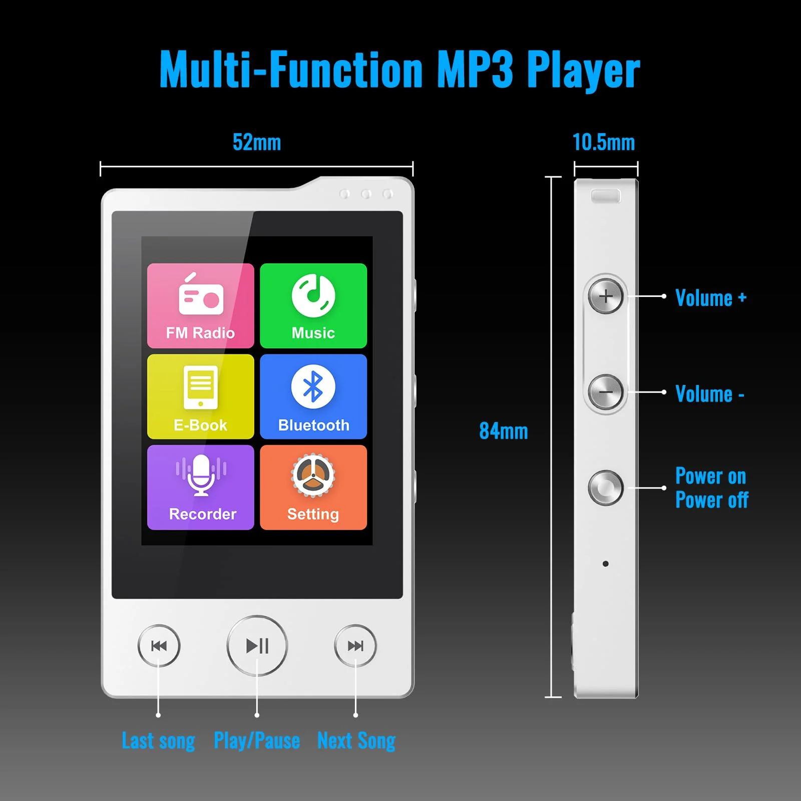 64GB MP3 Player with Sturdy Build & Durable,Aluminum Alloy,Phinistec Portable Mini Bluetooth Music Player with FM Radios,50 Hours Long Battery Life,2.4" Touchscreen,Up to 256GB - Image 7