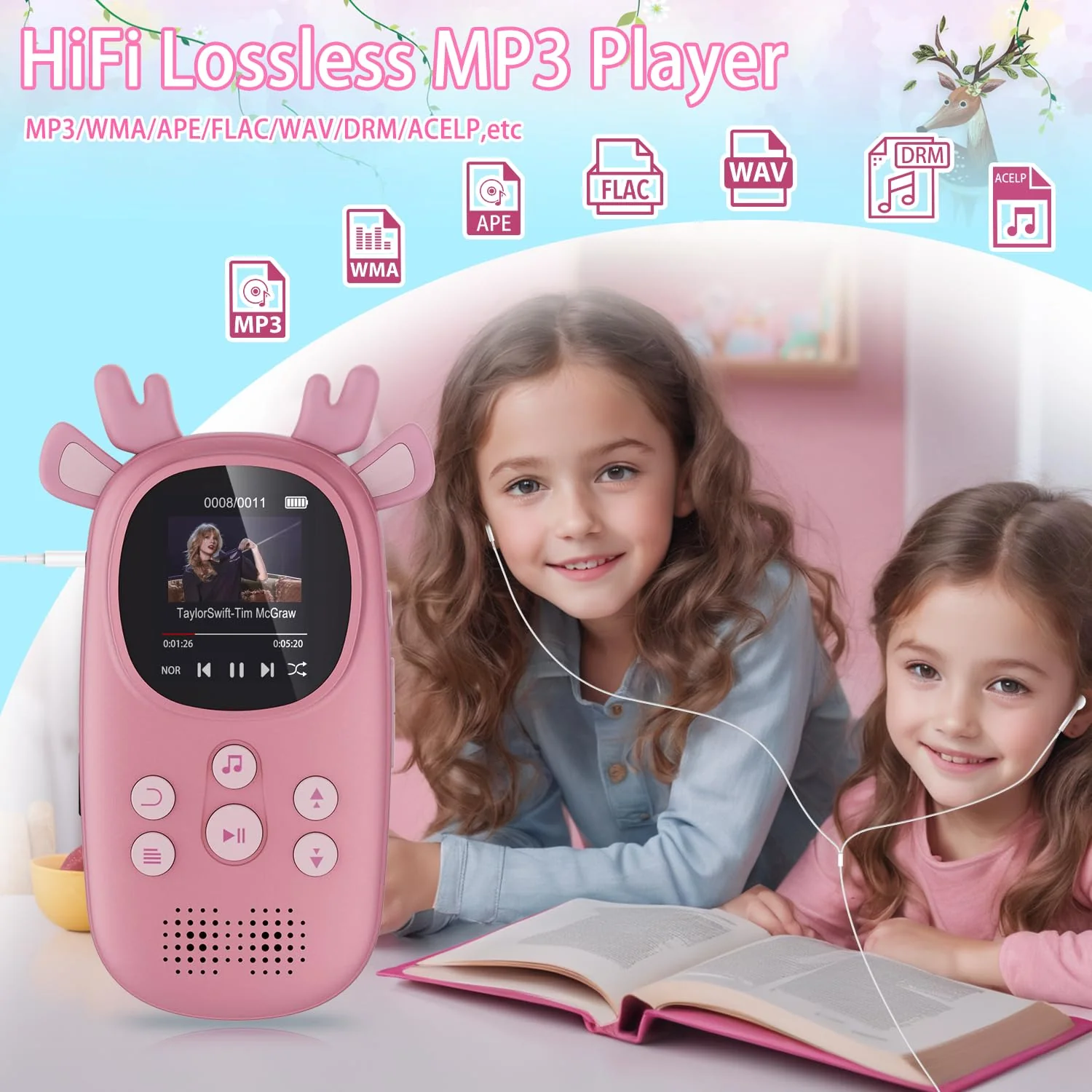 64GB MP3 Players for Kids, Cute Reindeer Portable Music Bluetooth Kid MP3 Player, Child MP3 Player with Bluetooth 5.3,Speaker, FM Radio, Alarm Clock, Voice Recorder, Stopwatch (Support up to 128GB) 64GB Pink - Image 3