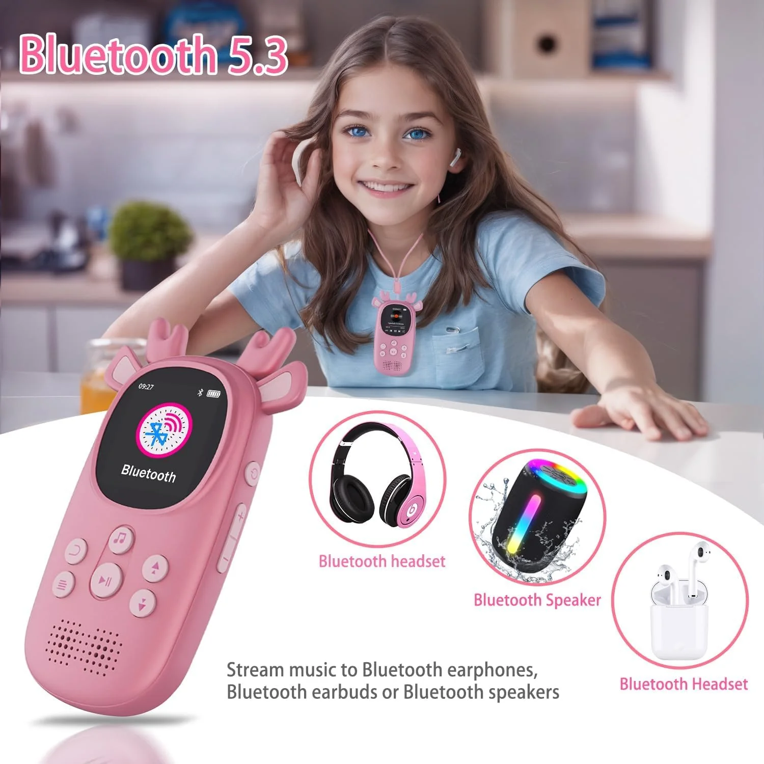 64GB MP3 Players for Kids, Cute Reindeer Portable Music Bluetooth Kid MP3 Player, Child MP3 Player with Bluetooth 5.3,Speaker, FM Radio, Alarm Clock, Voice Recorder, Stopwatch (Support up to 128GB) 64GB Pink - Image 4