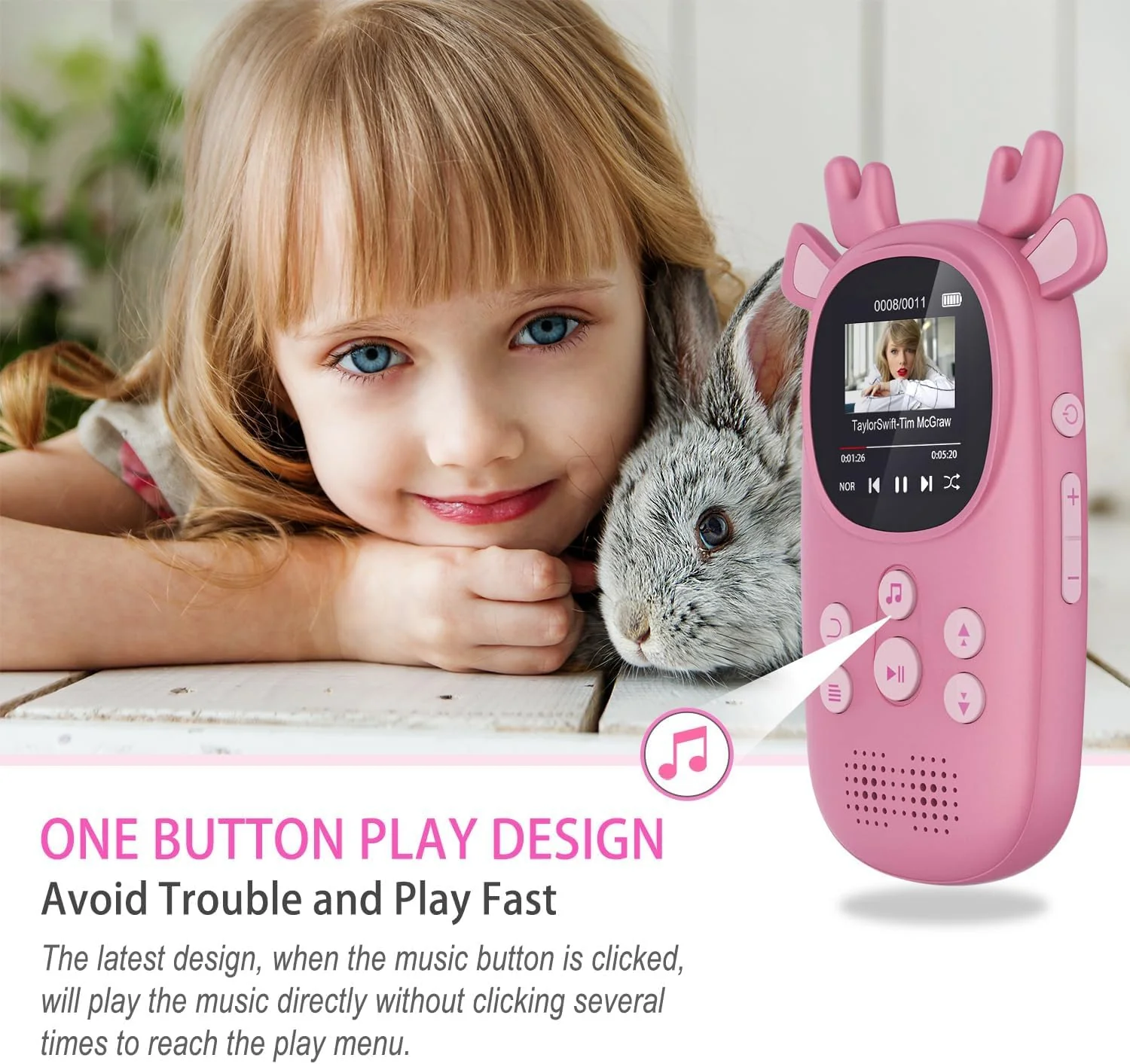 64GB MP3 Players for Kids, Cute Reindeer Portable Music Bluetooth Kid MP3 Player, Child MP3 Player with Bluetooth 5.3,Speaker, FM Radio, Alarm Clock, Voice Recorder, Stopwatch (Support up to 128GB) 64GB Pink - Image 5