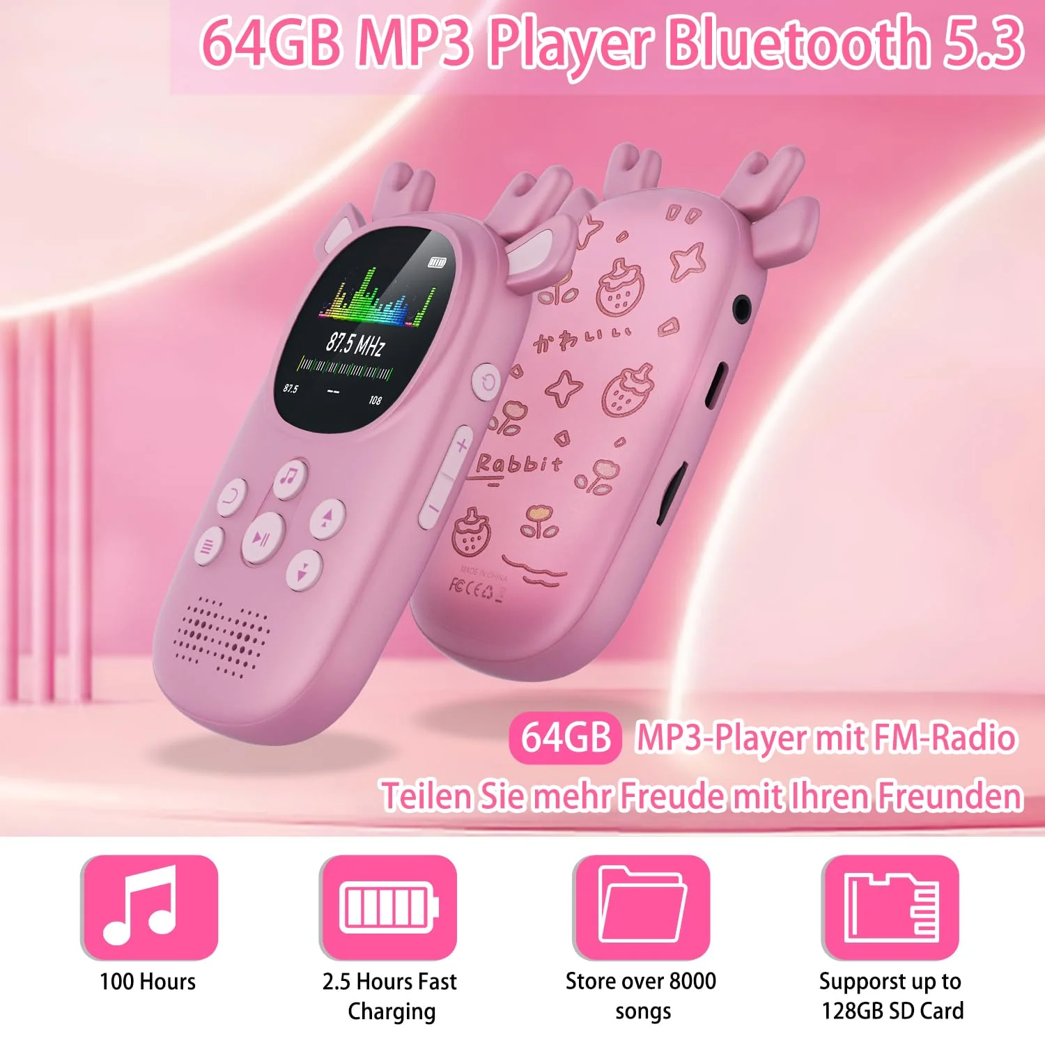 64GB MP3 Players for Kids, Cute Reindeer Portable Music Bluetooth Kid MP3 Player, Child MP3 Player with Bluetooth 5.3,Speaker, FM Radio, Alarm Clock, Voice Recorder, Stopwatch (Support up to 128GB) 64GB Pink - Image 6