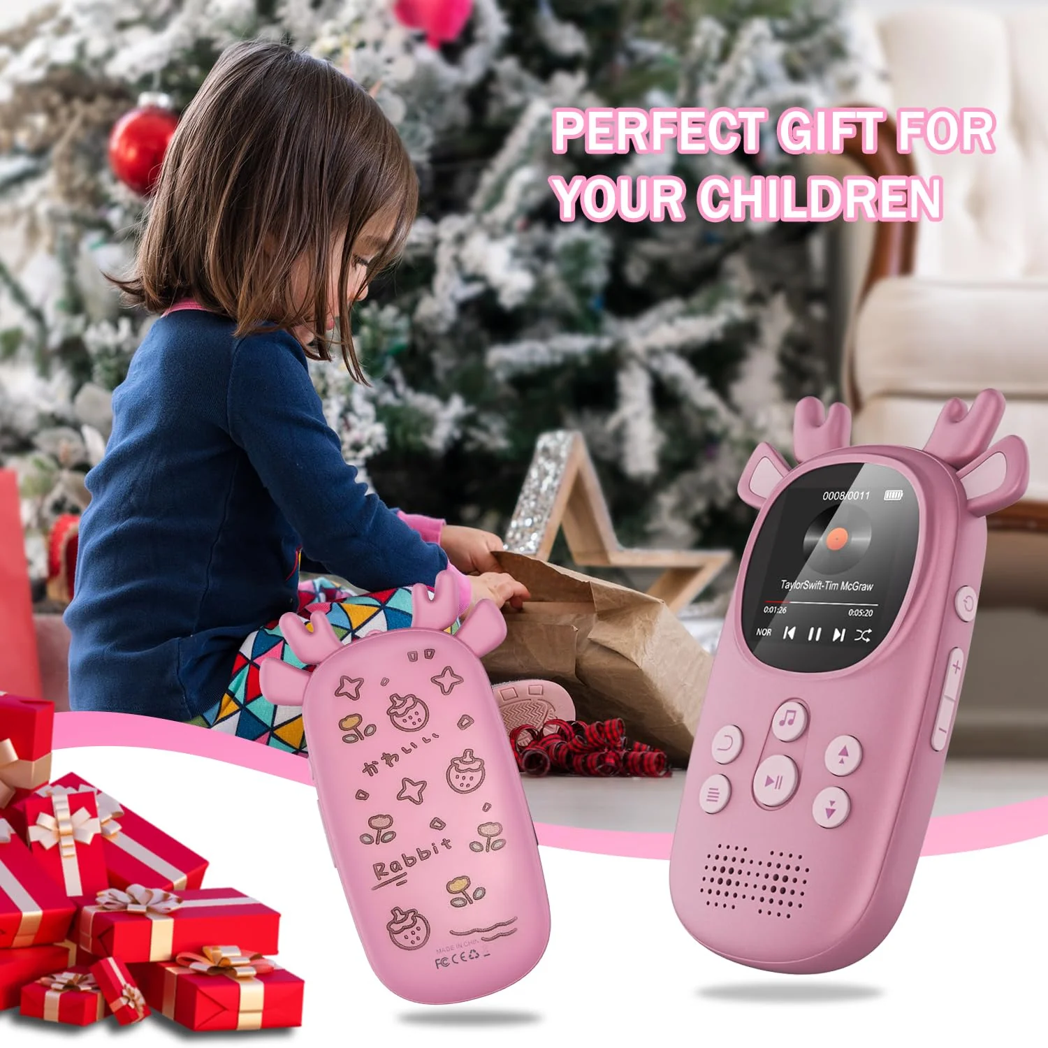 64GB MP3 Players for Kids, Cute Reindeer Portable Music Bluetooth Kid MP3 Player, Child MP3 Player with Bluetooth 5.3,Speaker, FM Radio, Alarm Clock, Voice Recorder, Stopwatch (Support up to 128GB) 64GB Pink - Image 7