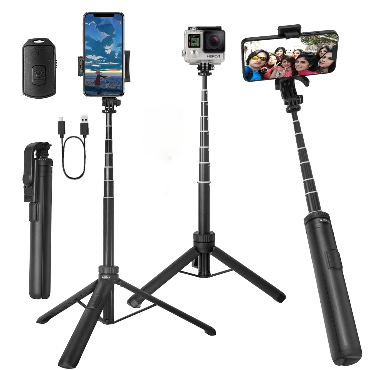 66" Selfie Stick Tripod for Cell Phone & Camera, All in 1 Expandable Phone Tripod with Remote Control and Rotate Phone Holder, Portable Tripod for iPhone/Goproo and Cameras.(black) black