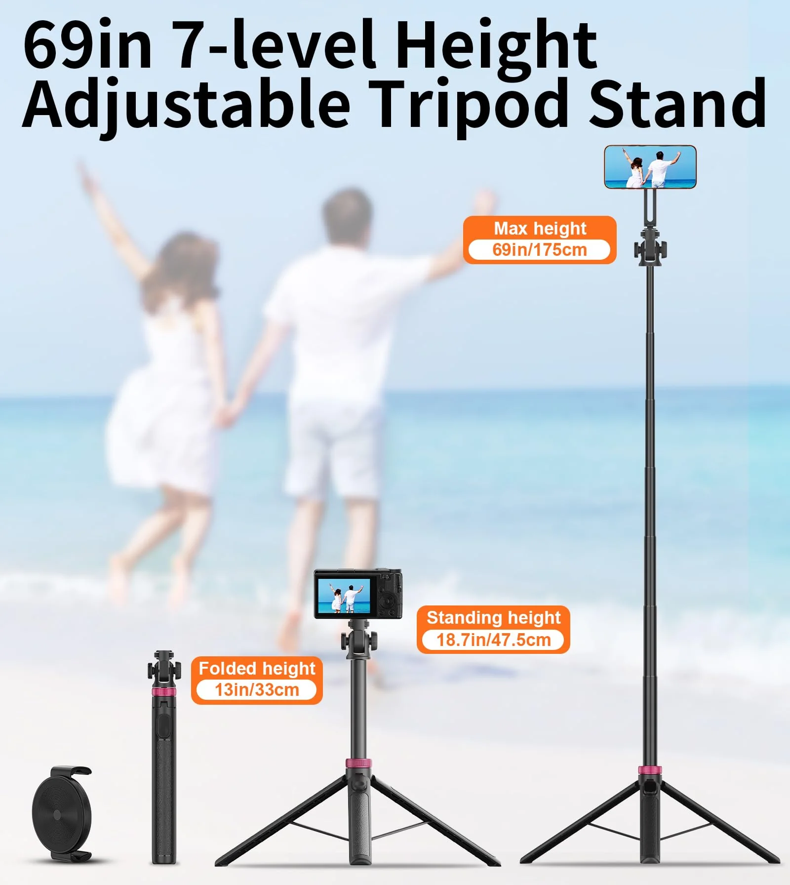69" Magnetic Phone Tripod with Phone Clamp,Selfie Stick Monopod for Magsafe with Remote & Phone Mount Adapter,Portable Tripod for iPhone/Android,Digital Camera Accessory Kits,Photo,Vlogging,Travel 69 in Black - Image 3