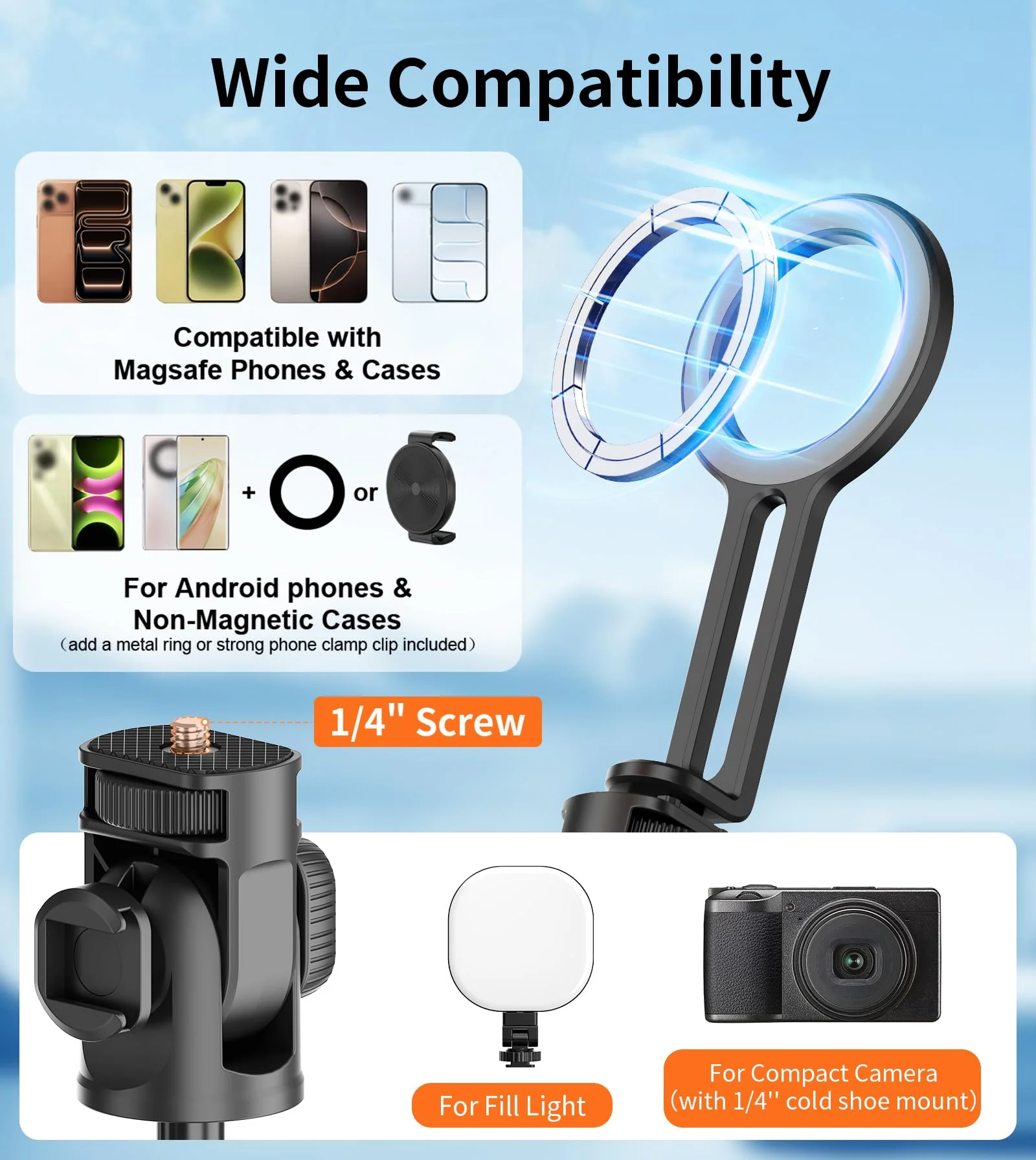 69" Magnetic Phone Tripod with Phone Clamp,Selfie Stick Monopod for Magsafe with Remote & Phone Mount Adapter,Portable Tripod for iPhone/Android,Digital Camera Accessory Kits,Photo,Vlogging,Travel 69 in Black - Image 7