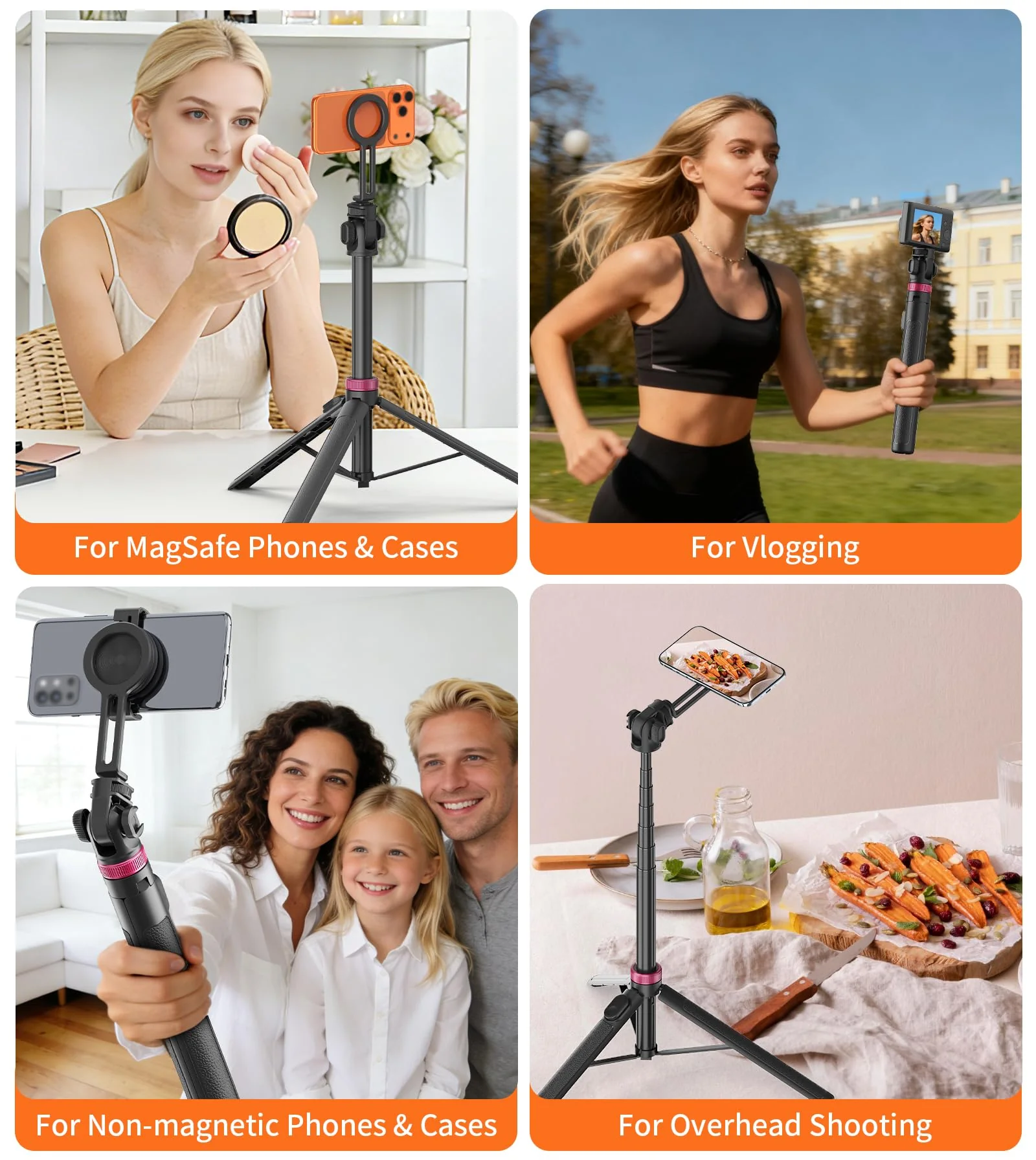 69" Magnetic Phone Tripod with Phone Clamp,Selfie Stick Monopod for Magsafe with Remote & Phone Mount Adapter,Portable Tripod for iPhone/Android,Digital Camera Accessory Kits,Photo,Vlogging,Travel 69 in Black - Image 8