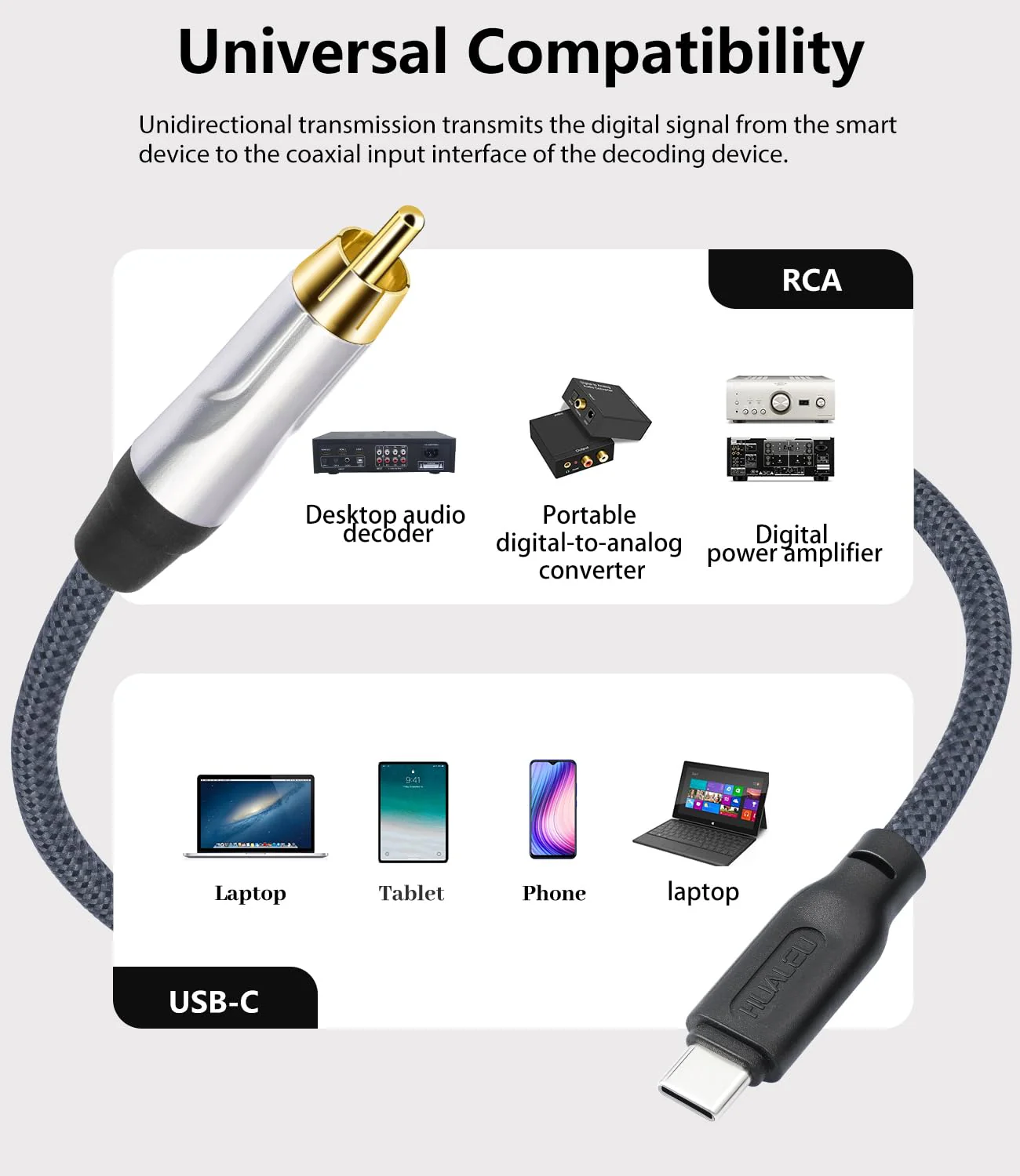 6FT USB c to Coaxial Cable Male Type-c to Digital coaxial Audio Adapter, It can Output 32-bit/384kHz Digital Audio Signals for dac amp Sound Preamp Amplifier - Image 2