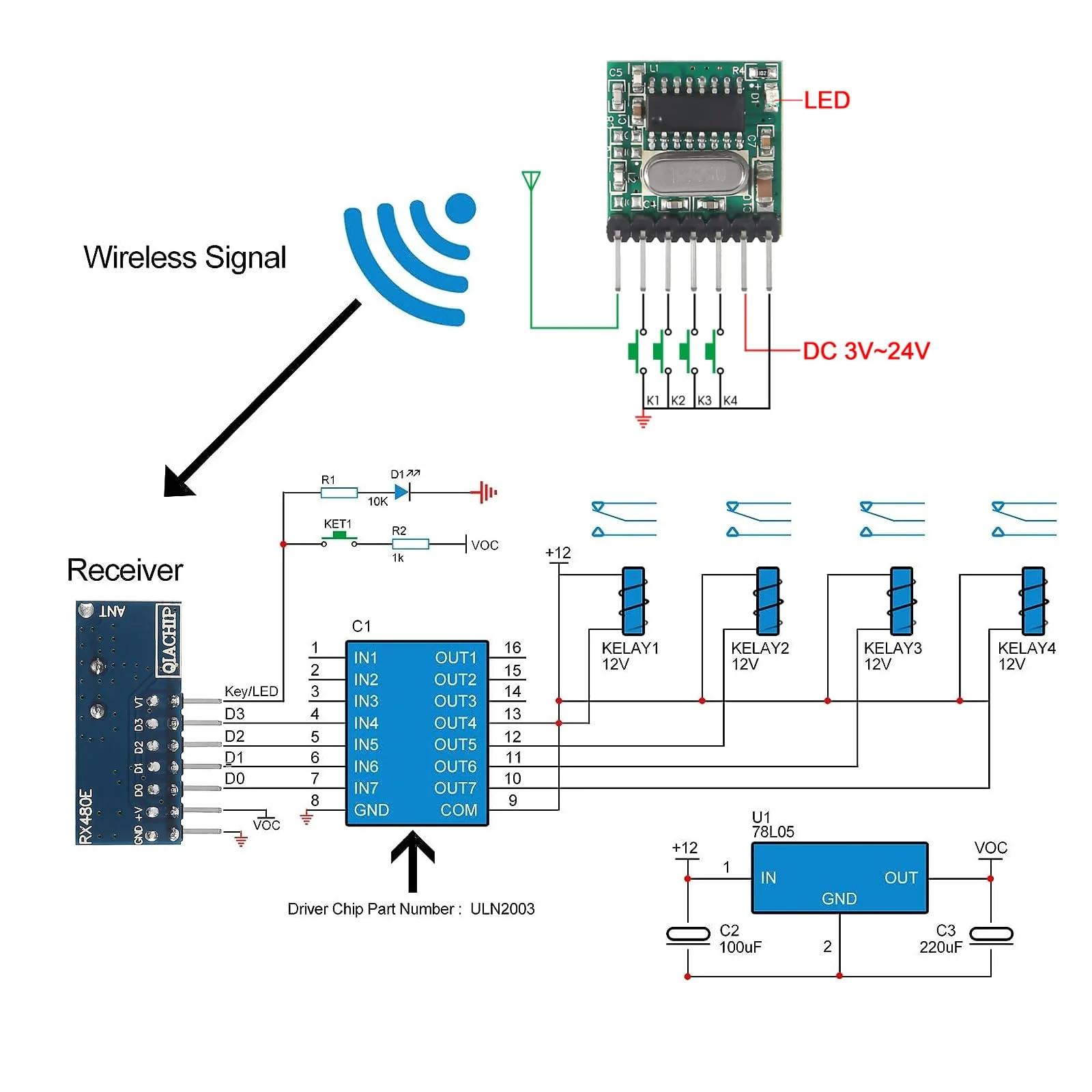 6pcs 433mhz Wireless RF Transmitter and Receiver Wireless 4 Channel Output Link Kit with 1527 Learning Code for Remote Control 433mhz RF 4 Channel - Image 7