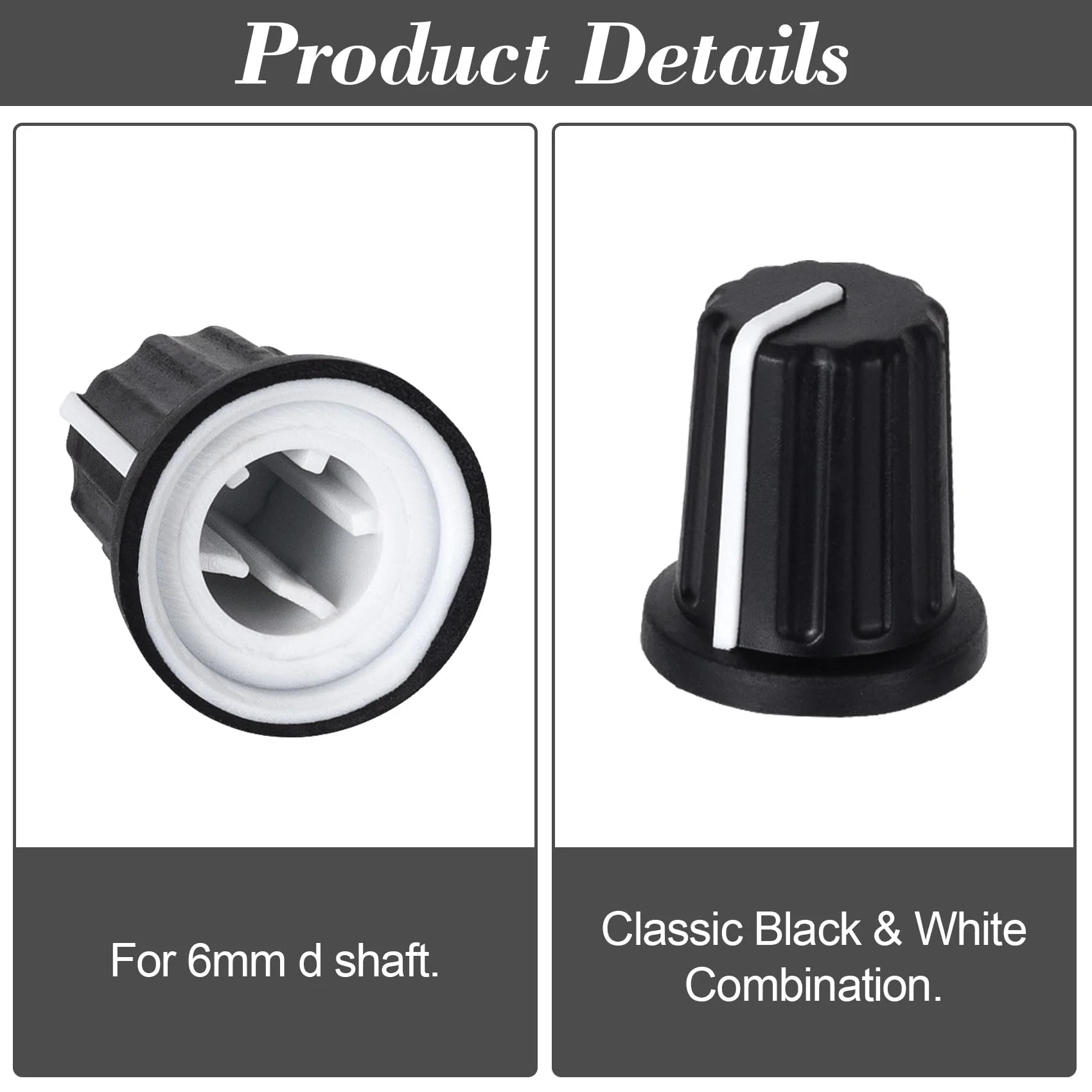 6pcs 6mm D Type Knurled Shaft Potentiometer Knob, Black White Plastic Electric Guitar Volume Tone Rotary Knob, Bass Control Knob Replacement for Encoder Speaker Mixer Board 6 Pieces - Image 4
