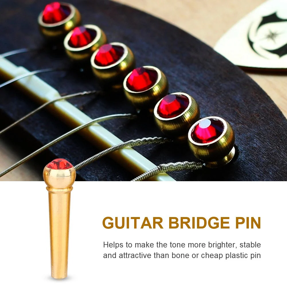 6Pcs Bridge Pin Copper Material Folk Acoustic Guitar Bridge Pin Peg Nail with Colorful Crystal Glass Dot Red - Image 2