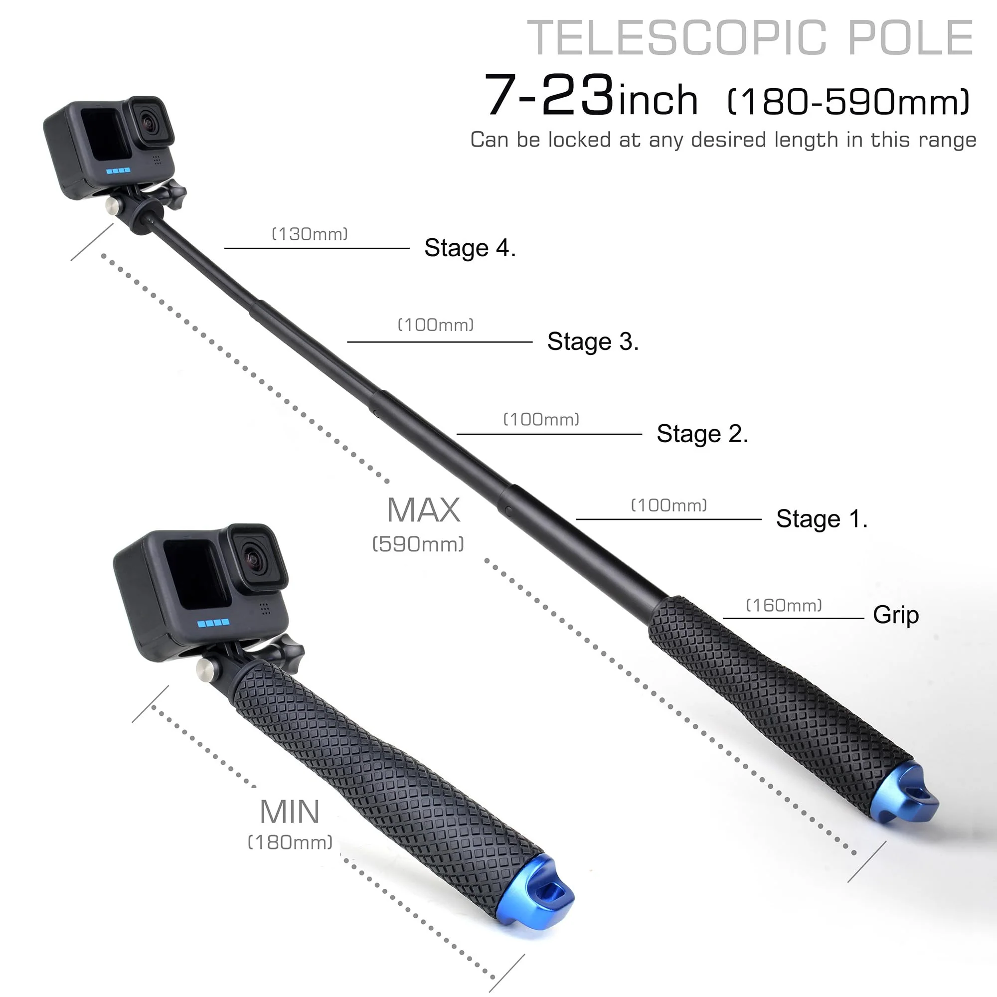 7''-23''Waterproof Pole Selfie Stick Pocket Size Underwater Handle Grip Monopod Alumium for Gopro Hero Session Max Insta360 AKASO DJI OSMO Digital Cameras 7''-23'' Stick - Image 2