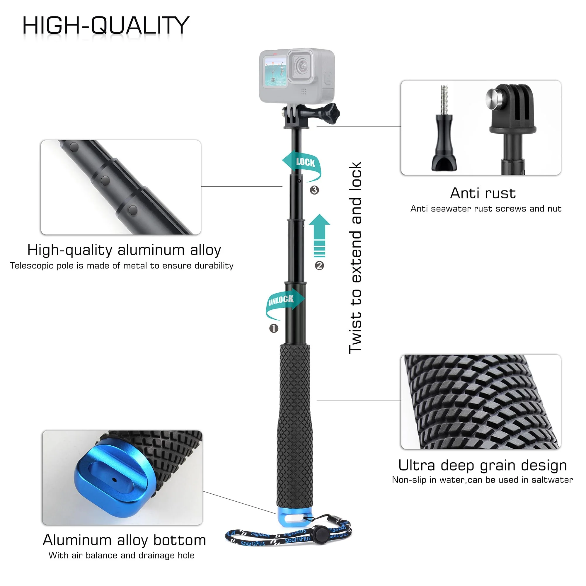 7''-23''Waterproof Pole Selfie Stick Pocket Size Underwater Handle Grip Monopod Alumium for Gopro Hero Session Max Insta360 AKASO DJI OSMO Digital Cameras 7''-23'' Stick - Image 3