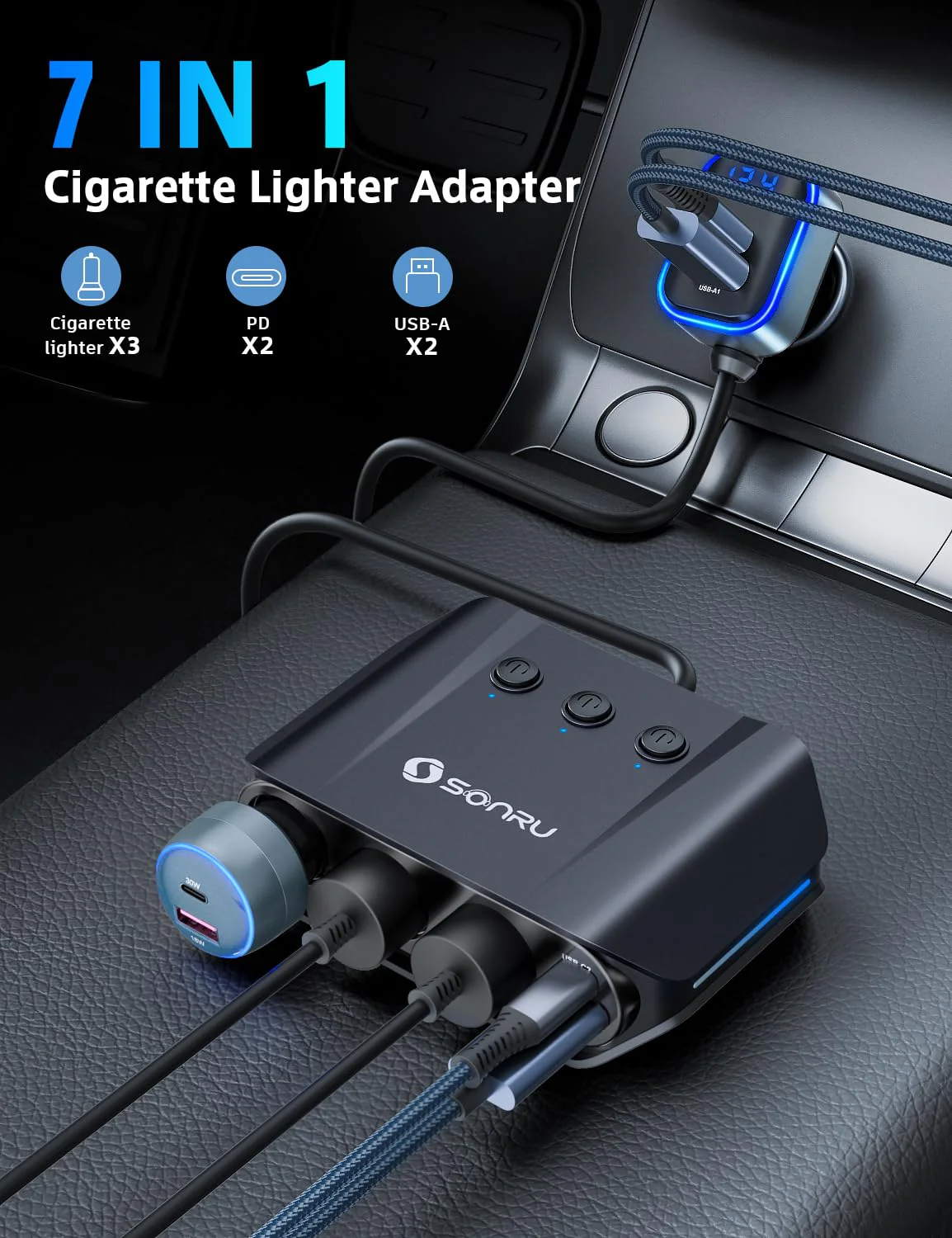 7 in 1 Cigarette Lighter Splitter, SONRU 180W (max 192W) 3-Socket Car Cigarette Lighter Adapter with Dual PD 36W/QC3.0 Fast Charging (3.7FT Cable) 12V/24V Independent Switches & LED Voltage Display BLACK - Image 2