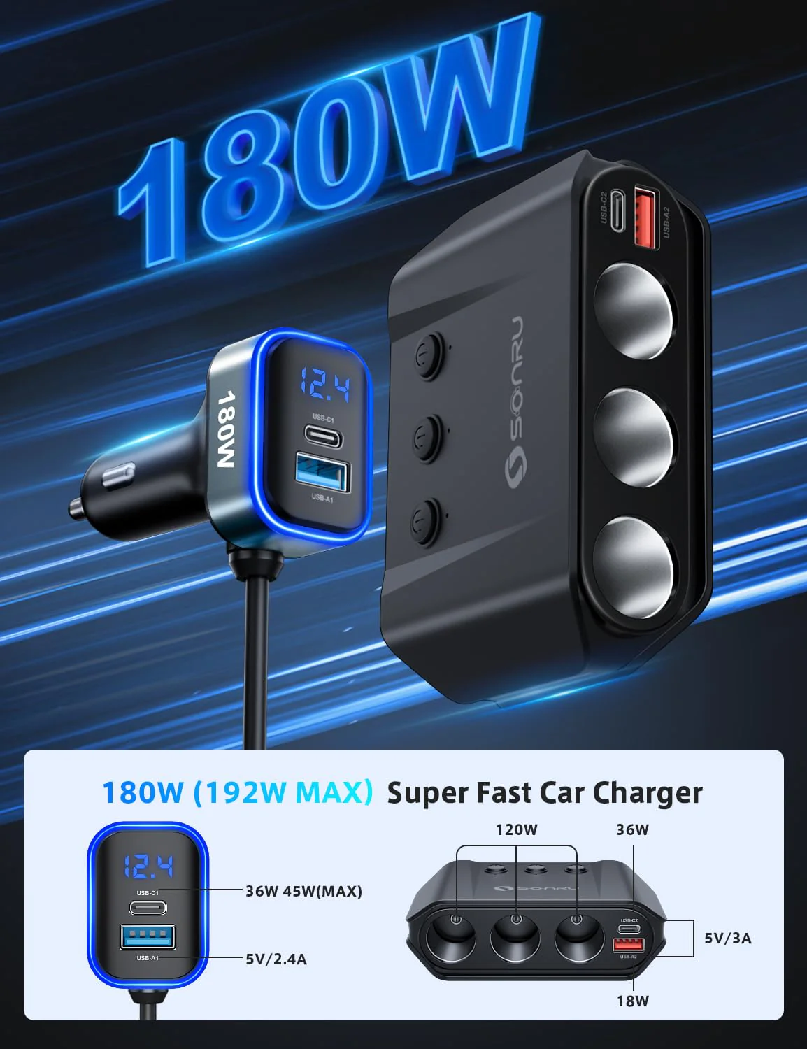 7 in 1 Cigarette Lighter Splitter, SONRU 180W (max 192W) 3-Socket Car Cigarette Lighter Adapter with Dual PD 36W/QC3.0 Fast Charging (3.7FT Cable) 12V/24V Independent Switches & LED Voltage Display BLACK - Image 3
