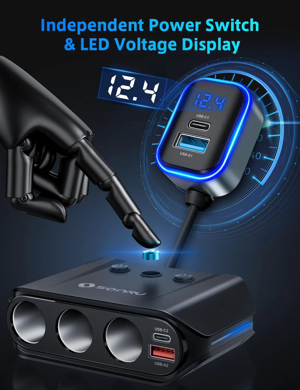 7 in 1 Cigarette Lighter Splitter, SONRU 180W (max 192W) 3-Socket Car Cigarette Lighter Adapter with Dual PD 36W/QC3.0 Fast Charging (3.7FT Cable) 12V/24V Independent Switches & LED Voltage Display BLACK - Image 5