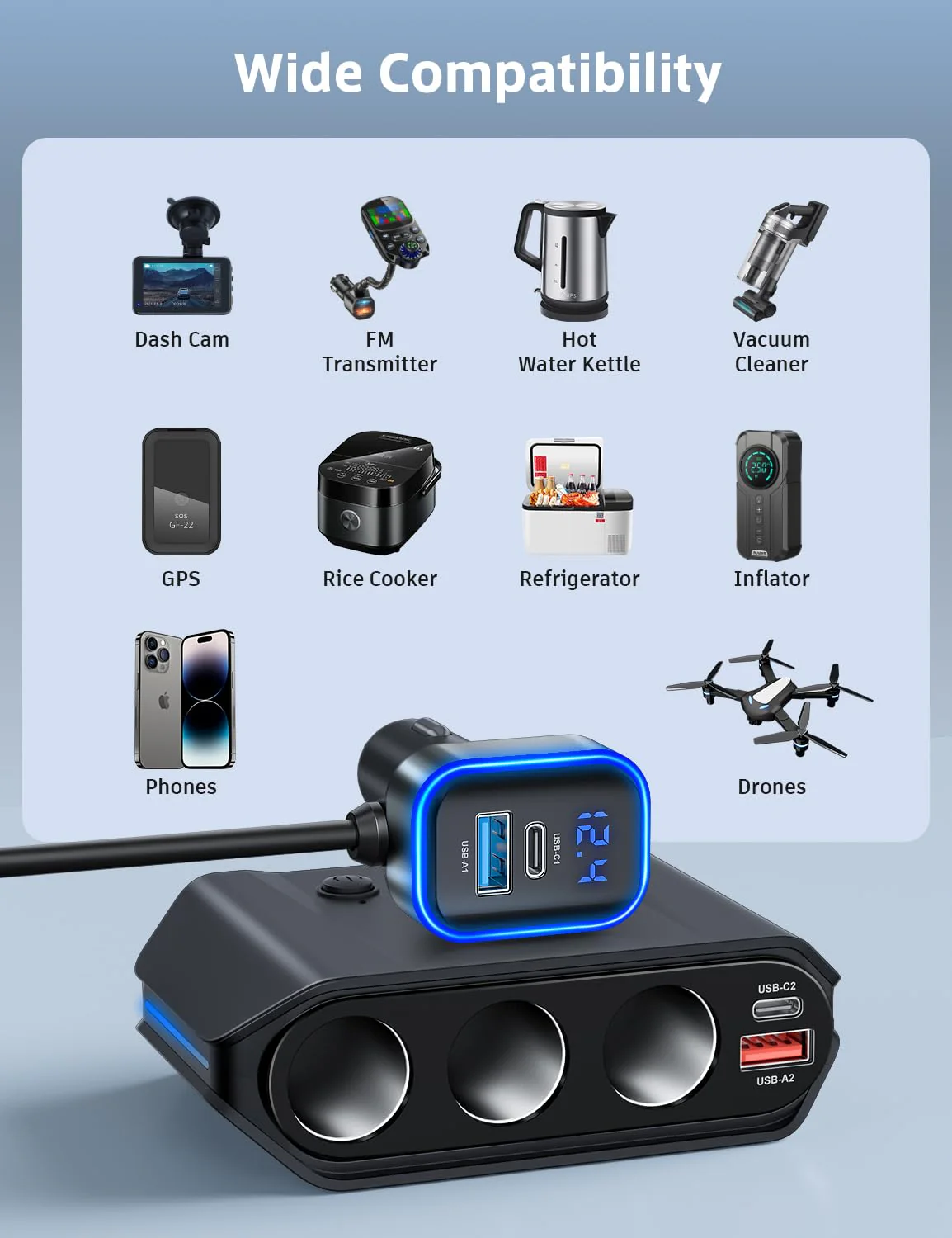 7 in 1 Cigarette Lighter Splitter, SONRU 180W (max 192W) 3-Socket Car Cigarette Lighter Adapter with Dual PD 36W/QC3.0 Fast Charging (3.7FT Cable) 12V/24V Independent Switches & LED Voltage Display BLACK - Image 6
