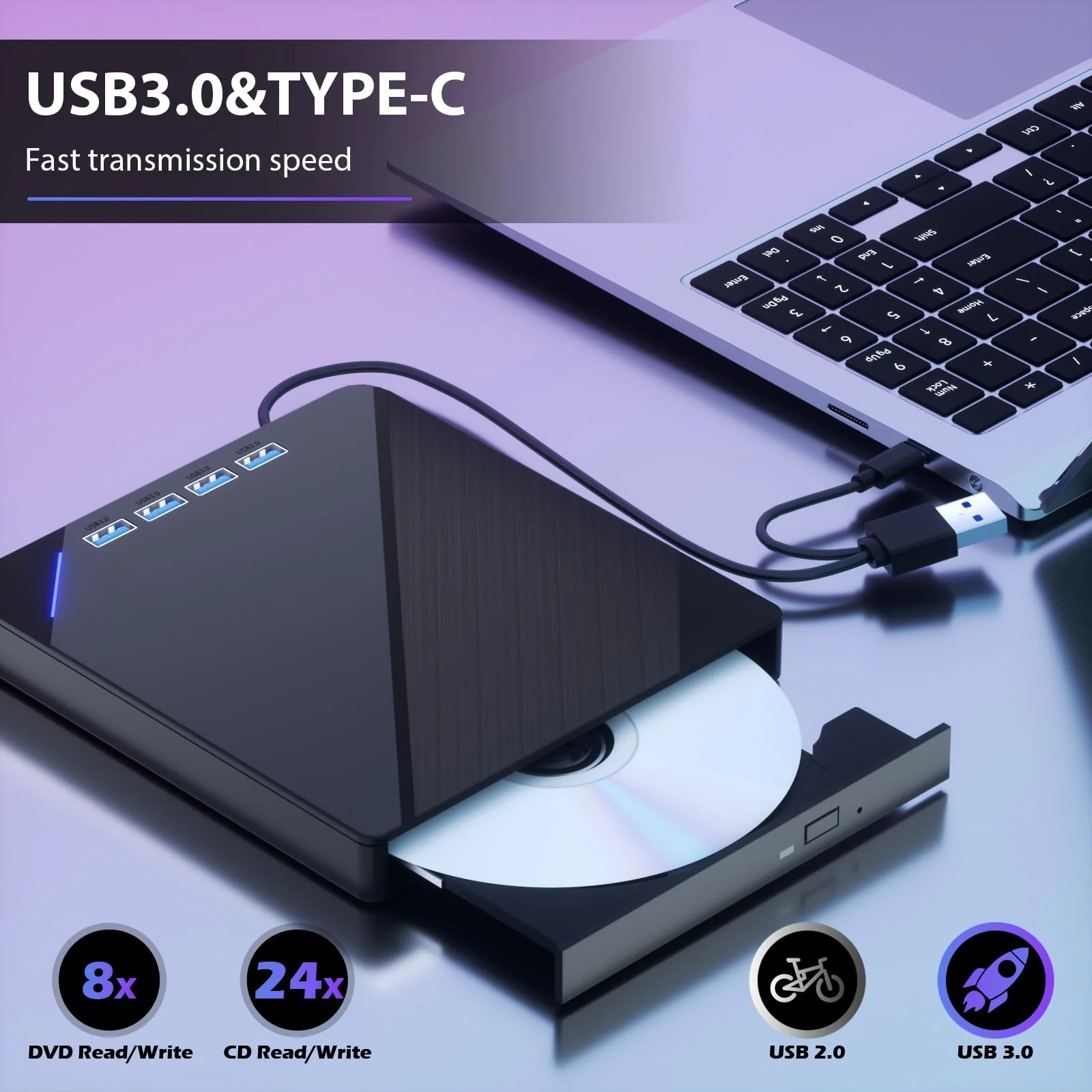 7 IN1External CD/DVD Drive for Laptop, CD Burner CD/DVD +/-RW Optical Drive, Slim Portable DVD CD ROM Rewriter Writer Duplicator for Laptop Desktop PC Windows 11/10/8/7 MacBook Mac Linux OS - Image 5