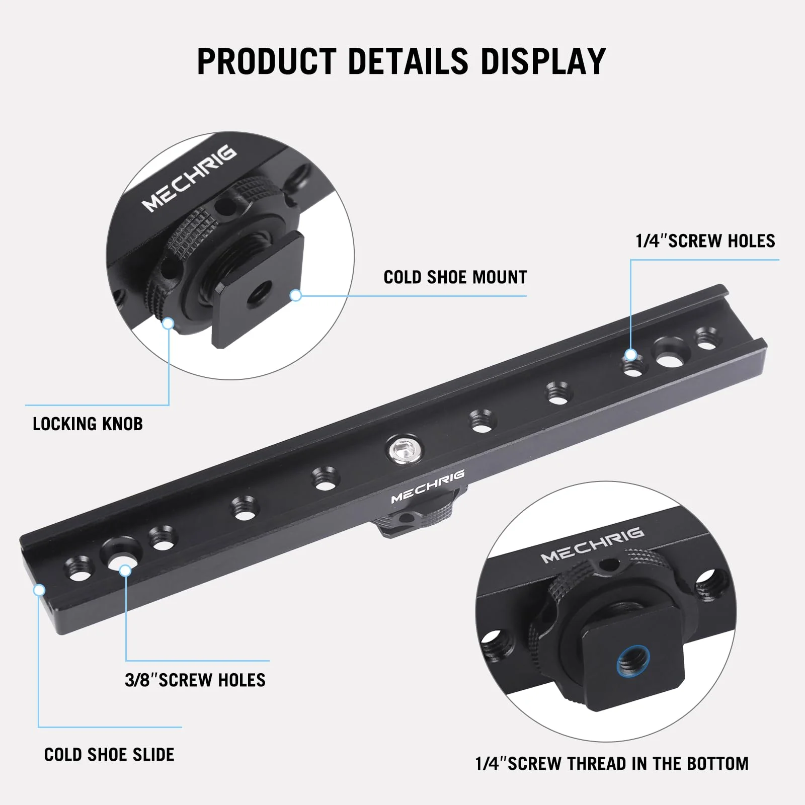 7 Inch Cold Shoe Mount Bracket Cold Shoe Extension Bar, Aluminum Sliding Rail Hot Shoe Mount Bracket with 1/4" & 3/8" Thread for DSLR Camera LED Video Light Microphone Monitor (62033) - Image 6