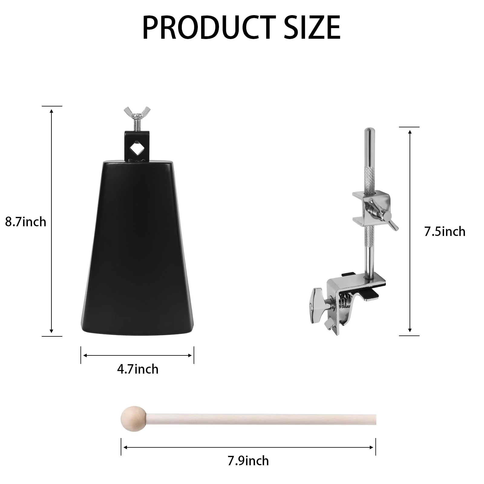 7 inch Cowbell And Cowbell Clamp For Drum Sets, Adjustable Standard Drum Cowbell Mount with Drum Stick - Image 2