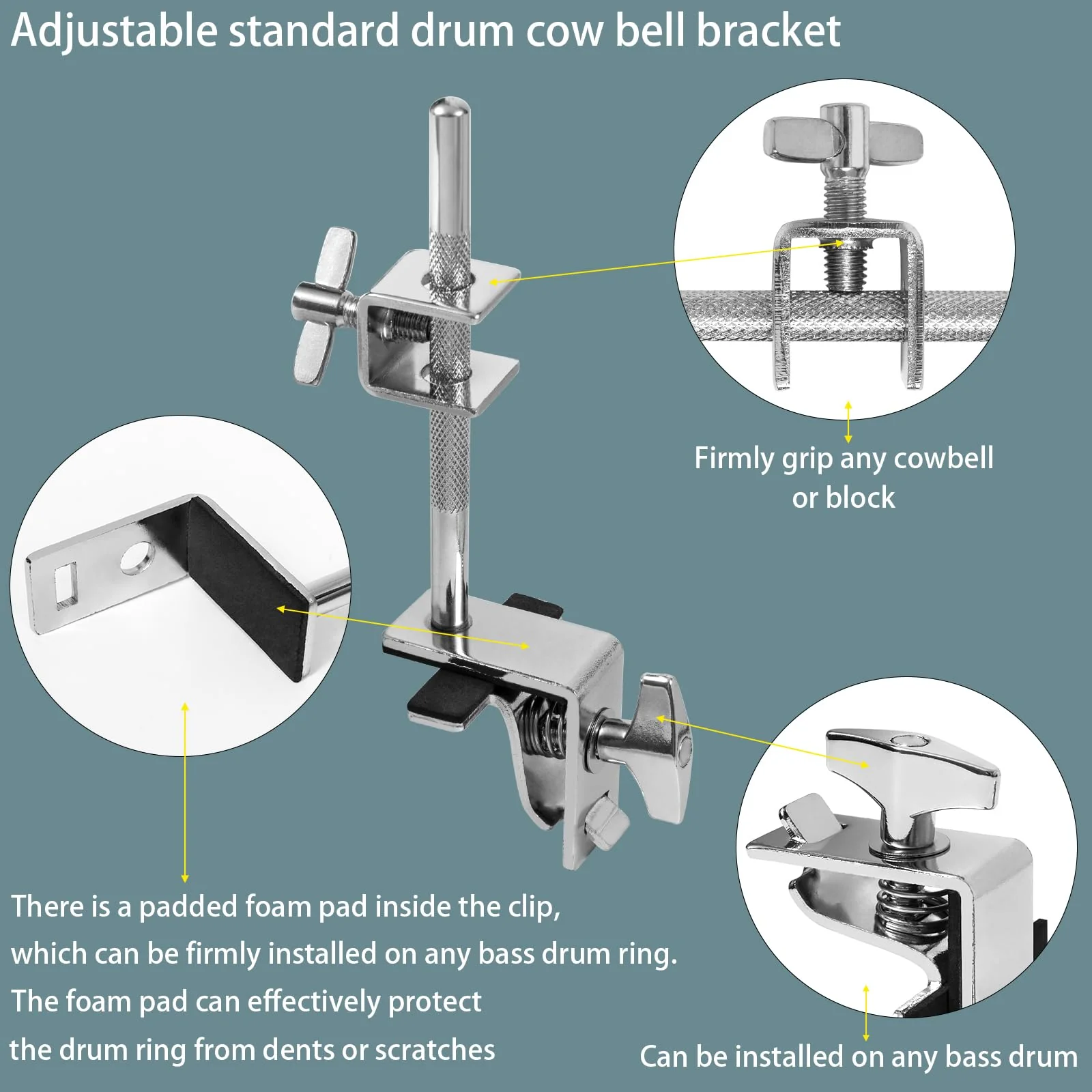 7 inch Cowbell And Cowbell Clamp For Drum Sets, Adjustable Standard Drum Cowbell Mount with Drum Stick - Image 6