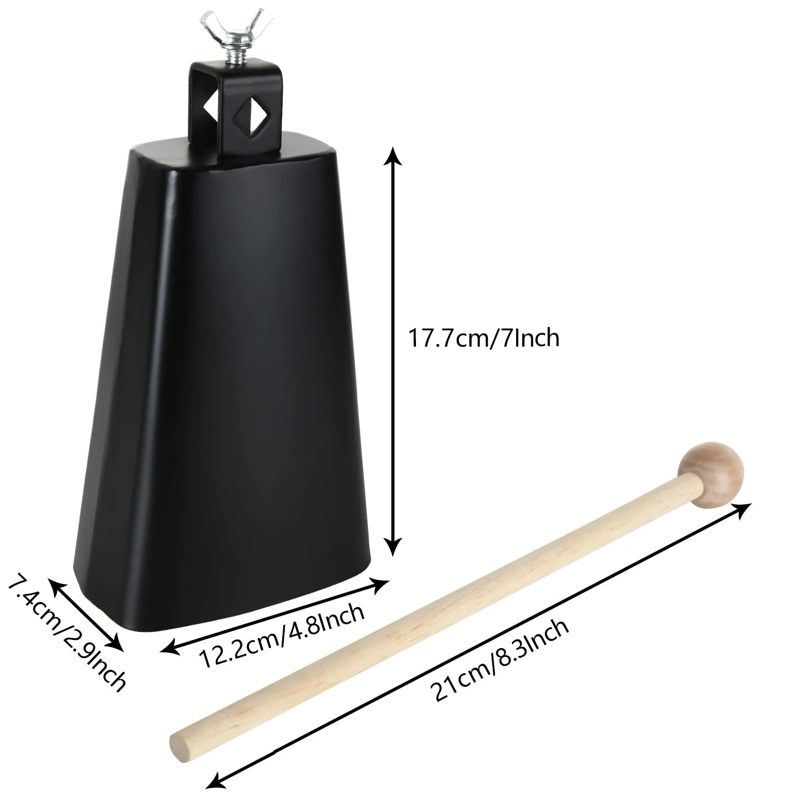 7 Inch Large Cow Bell Noise Makers, Metal Cowbell with Handle and Stick, Hand Percussion Music Cowbell for Sporting Events, Drum Set, Church, Weddings, Beautiful Clear Tapping Sound (Black) - Image 2