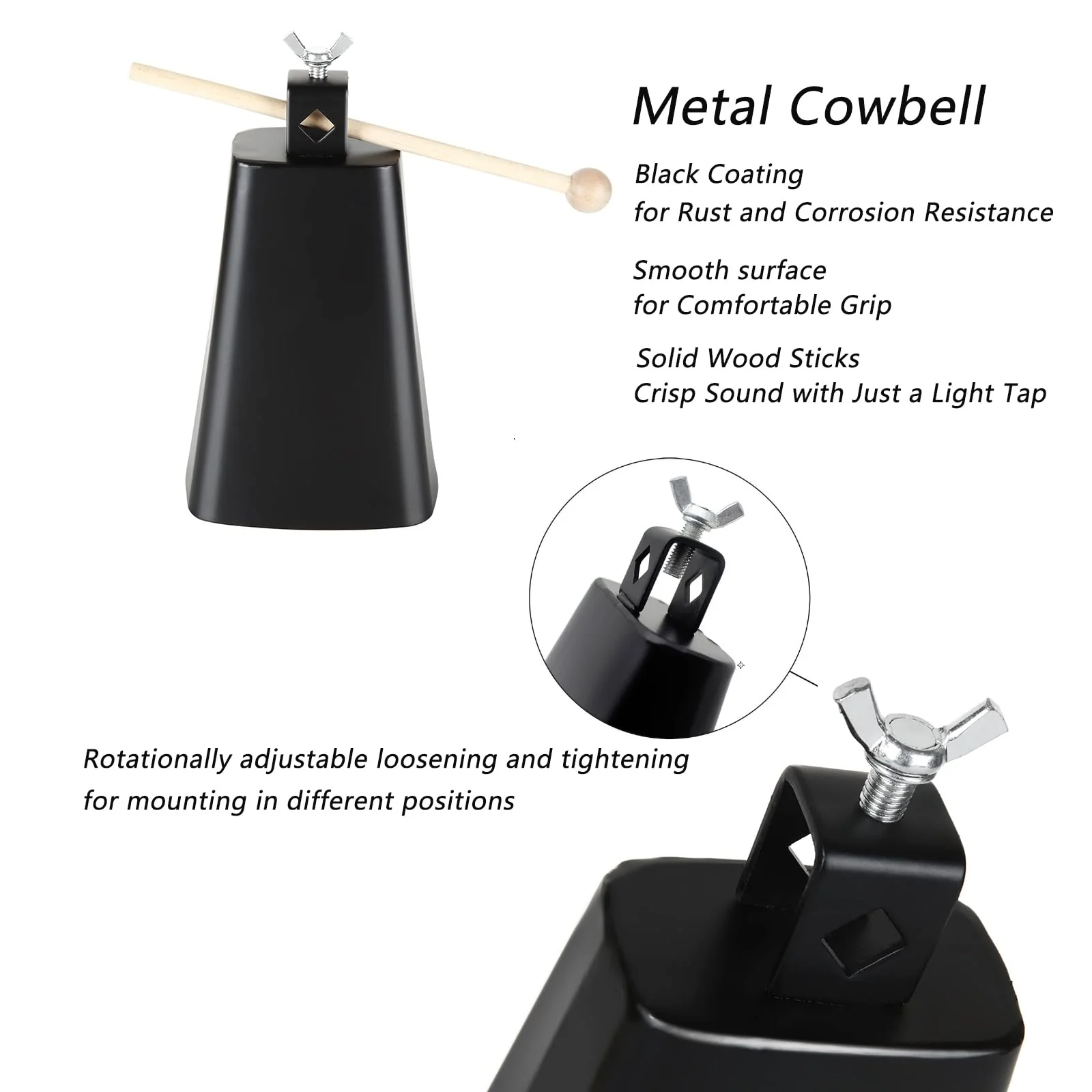 7 Inch Large Cow Bell Noise Makers, Metal Cowbell with Handle and Stick, Hand Percussion Music Cowbell for Sporting Events, Drum Set, Church, Weddings, Beautiful Clear Tapping Sound (Black) - Image 3