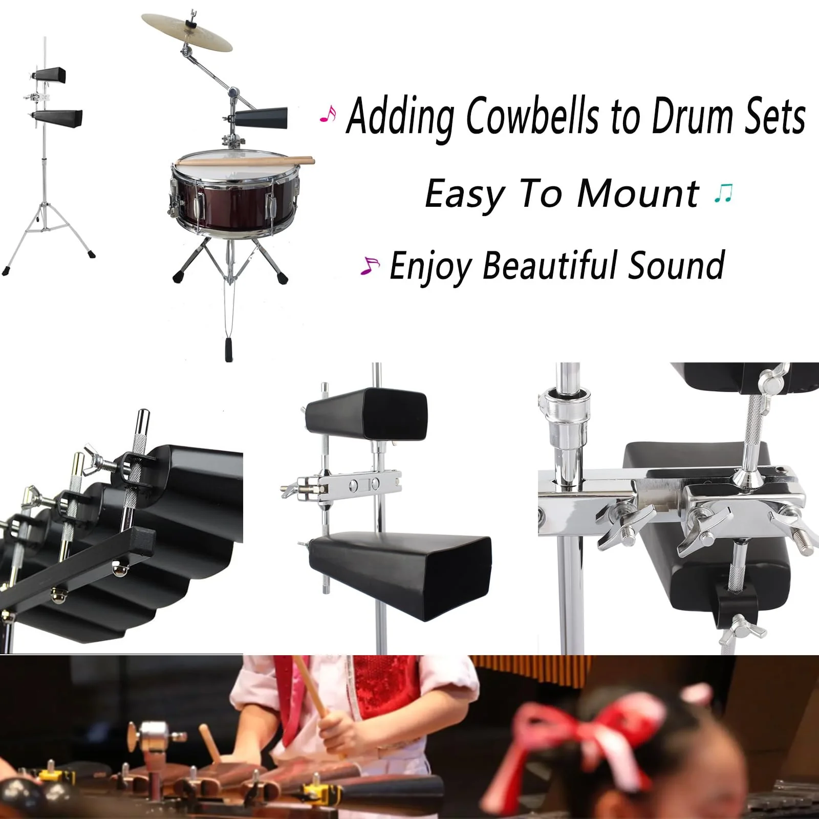 7 Inch Large Cow Bell Noise Makers, Metal Cowbell with Handle and Stick, Hand Percussion Music Cowbell for Sporting Events, Drum Set, Church, Weddings, Beautiful Clear Tapping Sound (Black) - Image 4