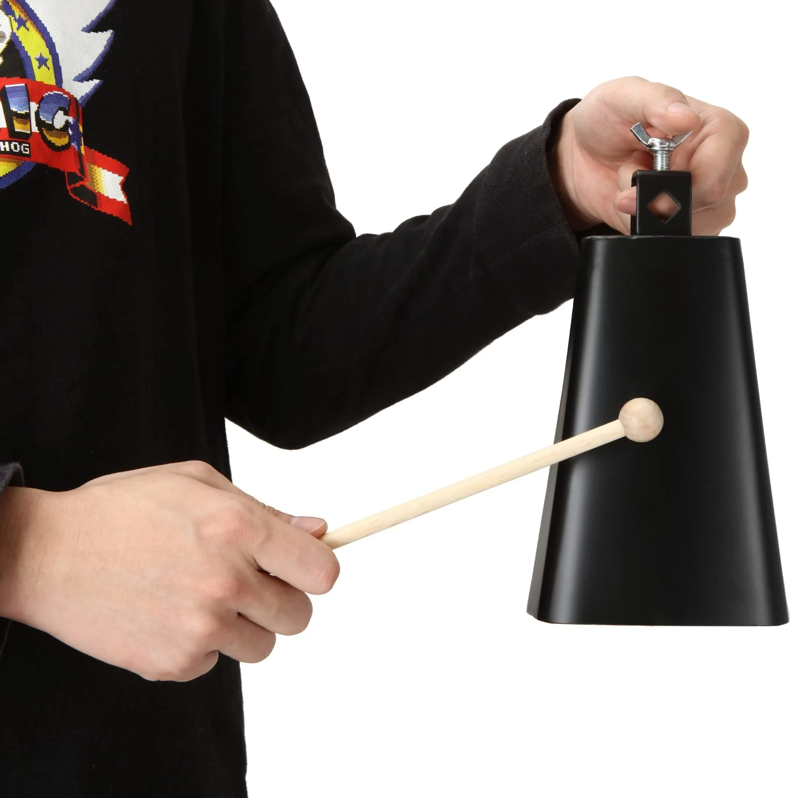 7 Inch Large Cow Bell Noise Makers, Metal Cowbell with Handle and Stick, Hand Percussion Music Cowbell for Sporting Events, Drum Set, Church, Weddings, Beautiful Clear Tapping Sound (Black) - Image 5