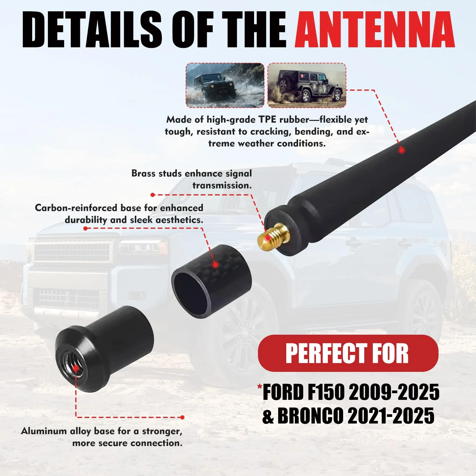 7 Inches Short Antenna for Ford F150 2009-2025 & Bronco 2021-2025, Rubber Replacement Antenna, F150 Accessories, Internal Copper Coil for Enhanced AM/FM Reception & Car Wash Proof, Easy Installation - Image 3